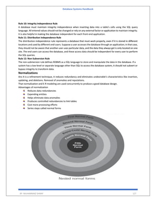 Database Systems Handbook
BY: MUHAMMAD SHARIF 127
Rule 10: Integrity Independence Rule
A database must maintain integrity independence when inserting data into a table's cells using the SQL query
language. All entered values should not be changed or rely on any external factor or application to maintain integrity.
It is also helpful in making the database independent for each front-end application.
Rule 11: Distribution Independence Rule
The distribution independence rule represents a database that must work properly, even if it is stored in different
locations and used by different end-users. Suppose a user accesses the database through an application; in that case,
they should not be aware that another user uses particular data, and the data they always get is only located on one
site. The end users can access the database, and these access data should be independent for every user to perform
the SQL queries.
Rule 12: Non-Subversion Rule
The non-submersion rule defines RDBMS as a SQL language to store and manipulate the data in the database. If a
system has a low-level or separate language other than SQL to access the database system, it should not subvert or
bypass integrity to transform data.
Normalizations
Ans It is a refinement technique, it reduces redundancy and eliminates undesirable’s characteristics like insertion,
updating, and deletions. Removal of anomalies and reputations.
That normalization and E-R modeling are used concurrently to produce a good database design.
Advantages of normalization
Reduces data redundancies
Expending entities
Helps eliminate data anomalies
Produces controlled redundancies to link tables
Cost more processing efforts
Series steps called normal forms
 