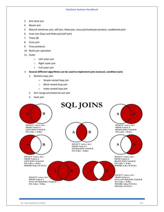 Database Systems Handbook
BY: MUHAMMAD SHARIF 132
3. Anti Semi join
4. Bloom Join
5. Natural Join(Inner join, self join, theta join, cross join/cartesian product, conditional join)
6. Inner join (Equi and theta join/self-join)
7. Theta (θ)
8. Cross join
9. Cross products
10. Multi-join operation
11. Outer
o Left outer join
o Right outer join
o Full outer join
 Several different algorithms can be used to implement joins (natural, condition-join)
1. Nested Loops join
o Simple nested loop join
o Block nested loop join
o Index nested loop join
2. Sort merge join/external sort join
3. Hash join
 