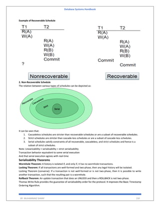 Database Systems Handbook
BY: MUHAMMAD SHARIF 150
Example of Recoverable Schedule
2. Non-Recoverable Schedule
The relation between various types of schedules can be depicted as:
It can be seen that:
1. Cascadeless schedules are stricter than recoverable schedules or are a subset of recoverable schedules.
2. Strict schedules are stricter than cascade-less schedules or are a subset of cascade-less schedules.
3. Serial schedules satisfy constraints of all recoverable, cascadeless, and strict schedules and hence is a
subset of strict schedules.
Note: Linearizability + serializability = strict serializability
Transaction behavior equivalent to some serial execution
And that serial execution agrees with real-time
Serializability Theorems
Wormhole Theorem: A history is isolated if, and only if, it has no wormhole transactions.
Locking Theorem: If all transactions are well-formed and two-phase, then any legal history will be isolated.
Locking Theorem (converse): If a transaction is not well-formed or is not two-phase, then it is possible to write
another transaction, such that the resulting pair is a wormhole.
Rollback Theorem: An update transaction that does an UNLOCK and then a ROLLBACK is not two-phase.
Thomas Write Rule provides the guarantee of serializability order for the protocol. It improves the Basic Timestamp
Ordering Algorithm.
 