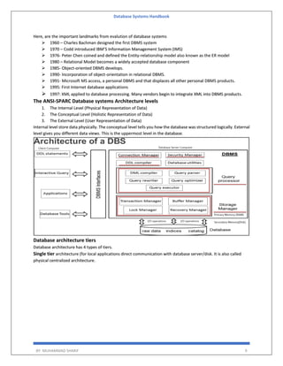 Database Systems Handbook
BY: MUHAMMAD SHARIF 9
Here, are the important landmarks from evalution of database systems
 1960 – Charles Bachman designed the first DBMS system
 1970 – Codd introduced IBM’S Information Management System (IMS)
 1976- Peter Chen coined and defined the Entity-relationship model also known as the ER model
 1980 – Relational Model becomes a widely accepted database component
 1985- Object-oriented DBMS develops.
 1990- Incorporation of object-orientation in relational DBMS.
 1991- Microsoft MS access, a personal DBMS and that displaces all other personal DBMS products.
 1995: First Internet database applications
 1997: XML applied to database processing. Many vendors begin to integrate XML into DBMS products.
The ANSI-SPARC Database systems Architecture levels
1. The Internal Level (Physical Representation of Data)
2. The Conceptual Level (Holistic Representation of Data)
3. The External Level (User Representation of Data)
Internal level store data physically. The conceptual level tells you how the database was structured logically. External
level gives you different data views. This is the uppermost level in the database.
Database architecture tiers
Database architecture has 4 types of tiers.
Single tier architecture (for local applications direct communication with database server/disk. It is also called
physical centralized architecture.
 