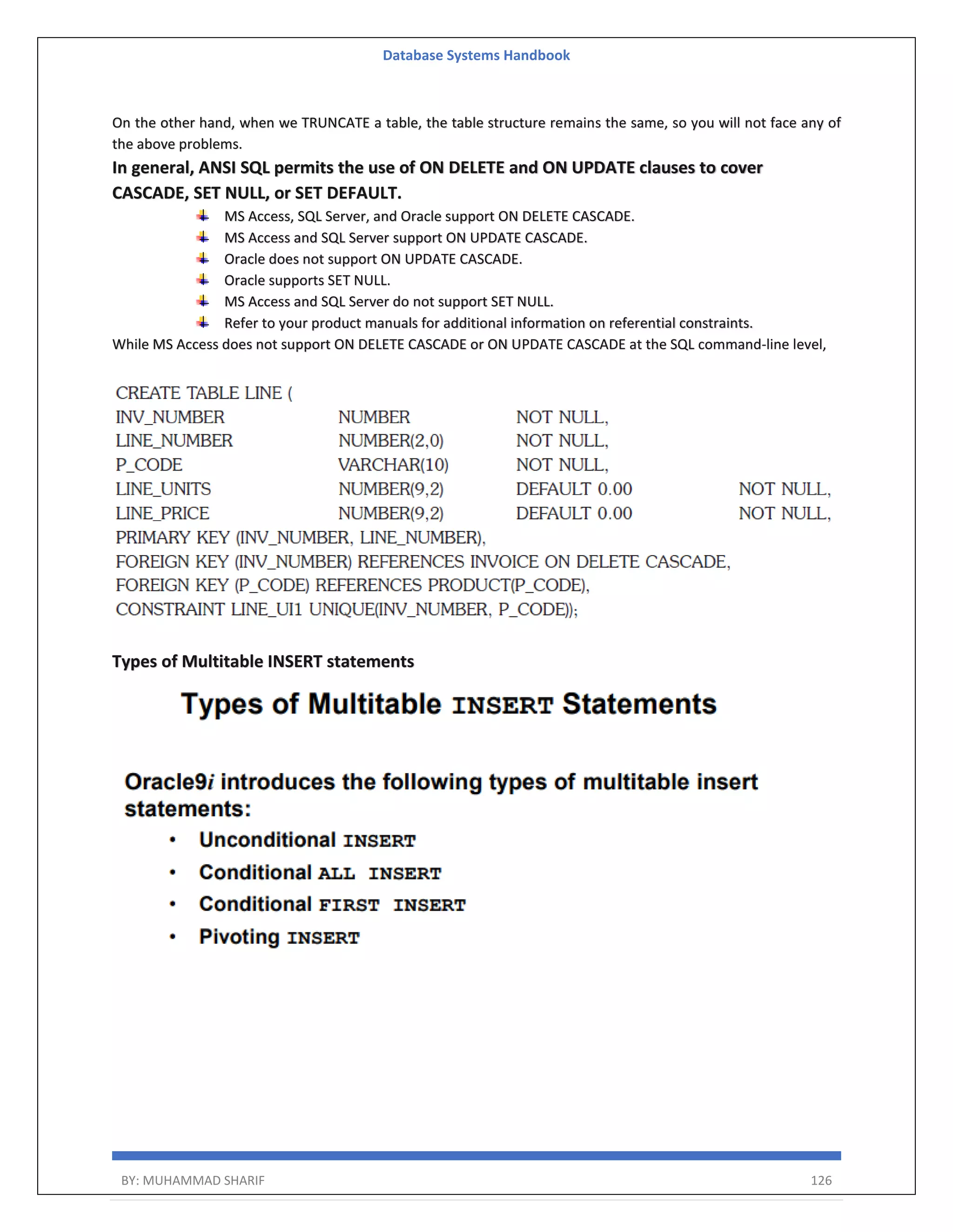 Database Systems Handbook BY: MUHAMMAD SHARIF 126 On the other hand, when we TRUNCATE a table, the table structure remains the same, so you will not face any of the above problems. In general, ANSI SQL permits the use of ON DELETE and ON UPDATE clauses to cover CASCADE, SET NULL, or SET DEFAULT. MS Access, SQL Server, and Oracle support ON DELETE CASCADE. MS Access and SQL Server support ON UPDATE CASCADE. Oracle does not support ON UPDATE CASCADE. Oracle supports SET NULL. MS Access and SQL Server do not support SET NULL. Refer to your product manuals for additional information on referential constraints. While MS Access does not support ON DELETE CASCADE or ON UPDATE CASCADE at the SQL command-line level, Types of Multitable INSERT statements 