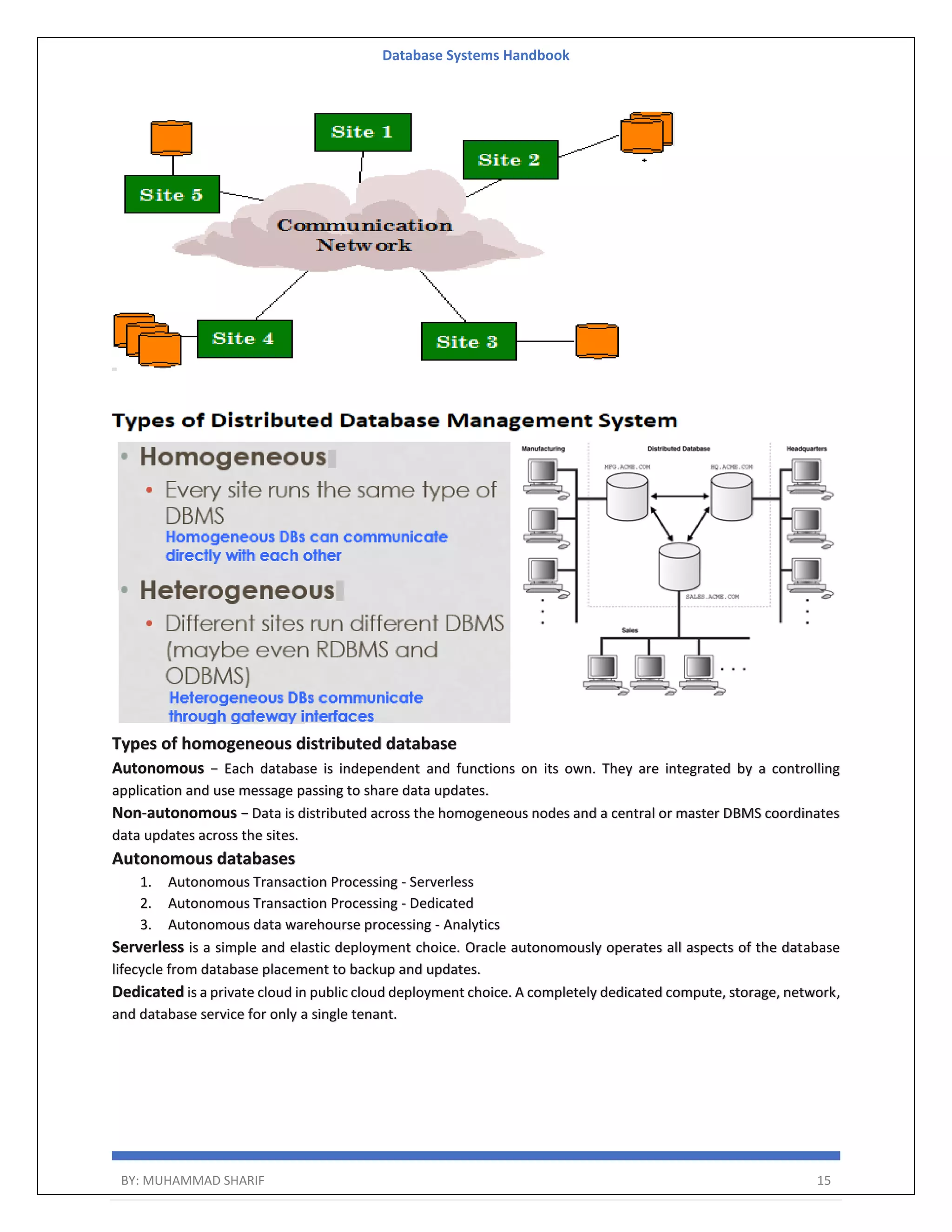 Database Systems Handbook BY: MUHAMMAD SHARIF 15 Types of homogeneous distributed database Autonomous − Each database is independent and functions on its own. They are integrated by a controlling application and use message passing to share data updates. Non-autonomous − Data is distributed across the homogeneous nodes and a central or master DBMS coordinates data updates across the sites. Autonomous databases 1. Autonomous Transaction Processing - Serverless 2. Autonomous Transaction Processing - Dedicated 3. Autonomous data warehourse processing - Analytics Serverless is a simple and elastic deployment choice. Oracle autonomously operates all aspects of the database lifecycle from database placement to backup and updates. Dedicated is a private cloud in public cloud deployment choice. A completely dedicated compute, storage, network, and database service for only a single tenant. 