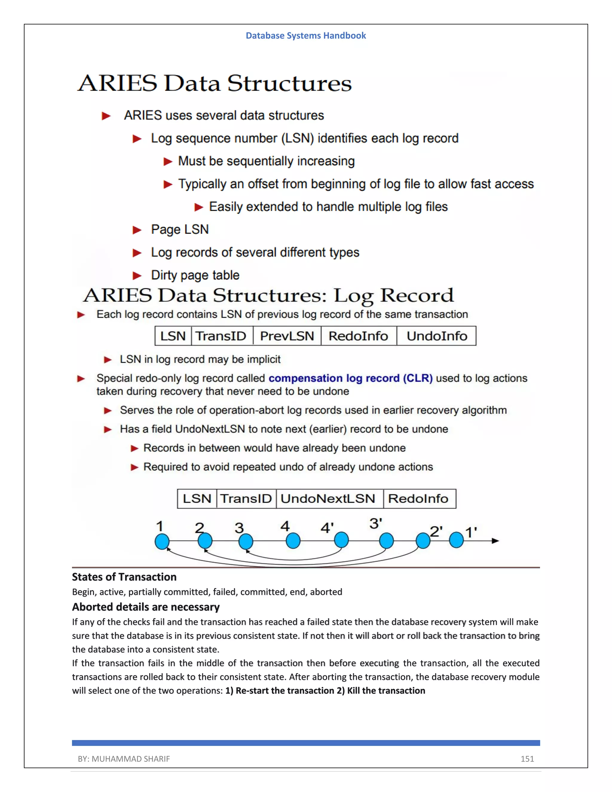 Database Systems Handbook BY: MUHAMMAD SHARIF 151 States of Transaction Begin, active, partially committed, failed, committed, end, aborted Aborted details are necessary If any of the checks fail and the transaction has reached a failed state then the database recovery system will make sure that the database is in its previous consistent state. If not then it will abort or roll back the transaction to bring the database into a consistent state. If the transaction fails in the middle of the transaction then before executing the transaction, all the executed transactions are rolled back to their consistent state. After aborting the transaction, the database recovery module will select one of the two operations: 1) Re-start the transaction 2) Kill the transaction 