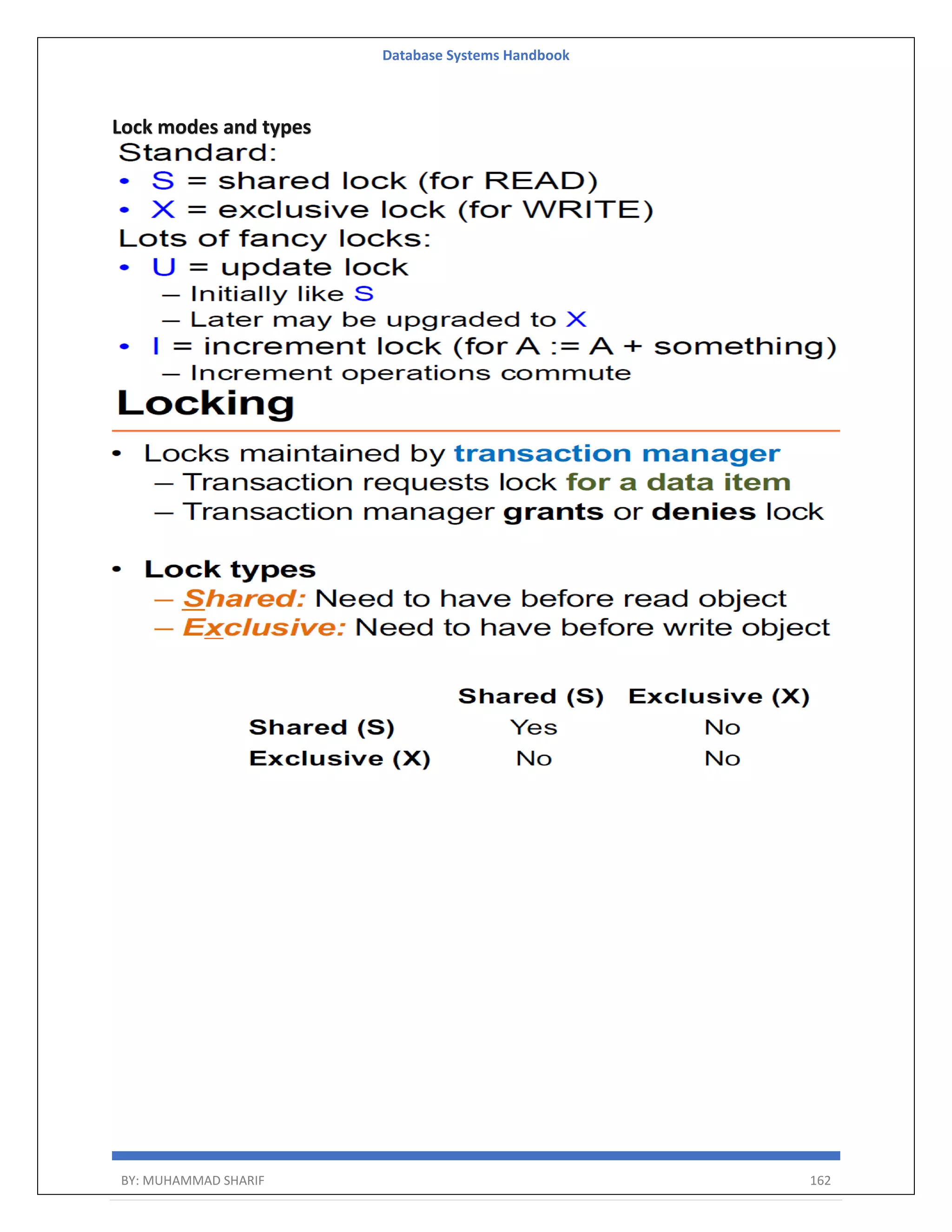 Database Systems Handbook BY: MUHAMMAD SHARIF 162 Lock modes and types 