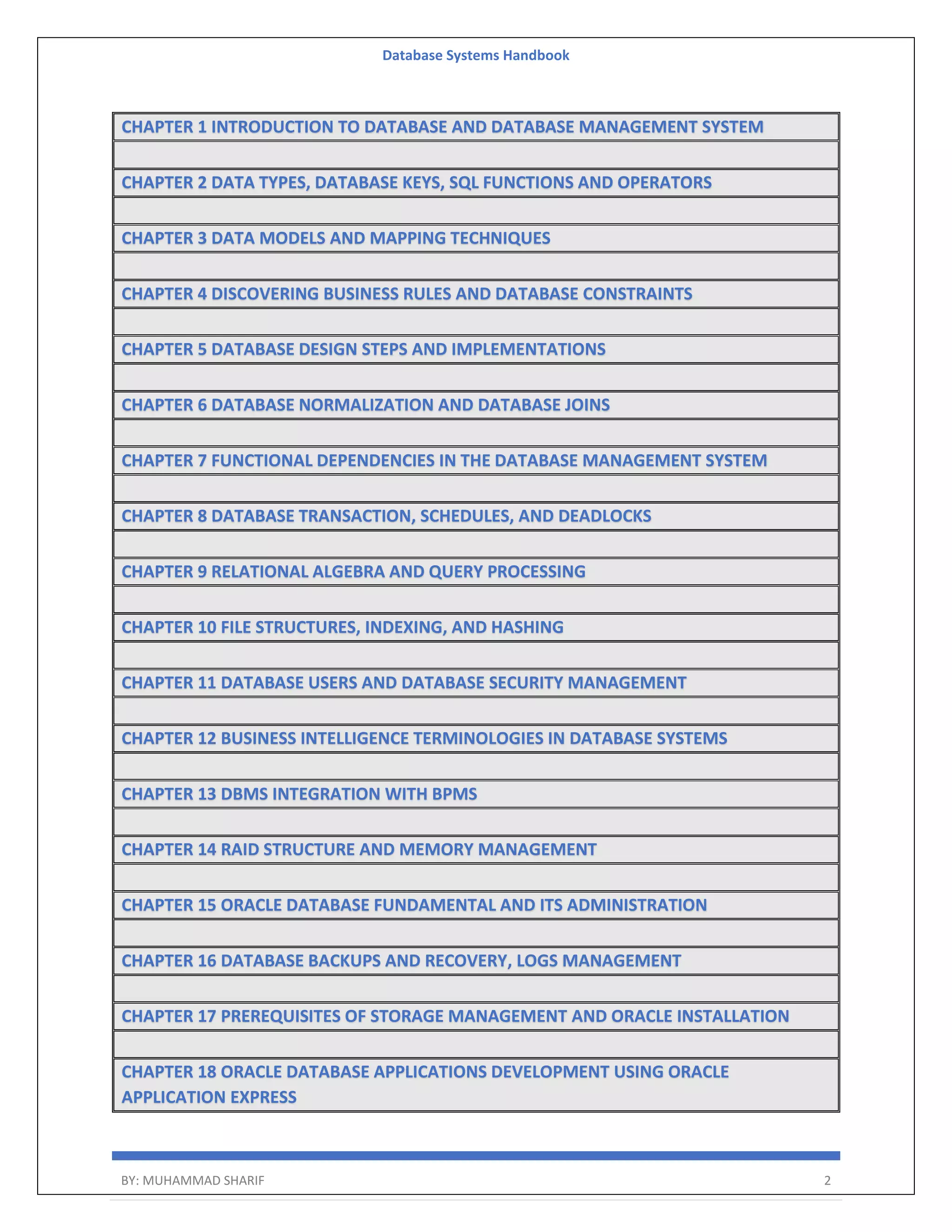 Database Systems Handbook BY: MUHAMMAD SHARIF 2 CHAPTER 1 INTRODUCTION TO DATABASE AND DATABASE MANAGEMENT SYSTEM CHAPTER 2 DATA TYPES, DATABASE KEYS, SQL FUNCTIONS AND OPERATORS CHAPTER 3 DATA MODELS AND MAPPING TECHNIQUES CHAPTER 4 DISCOVERING BUSINESS RULES AND DATABASE CONSTRAINTS CHAPTER 5 DATABASE DESIGN STEPS AND IMPLEMENTATIONS CHAPTER 6 DATABASE NORMALIZATION AND DATABASE JOINS CHAPTER 7 FUNCTIONAL DEPENDENCIES IN THE DATABASE MANAGEMENT SYSTEM CHAPTER 8 DATABASE TRANSACTION, SCHEDULES, AND DEADLOCKS CHAPTER 9 RELATIONAL ALGEBRA AND QUERY PROCESSING CHAPTER 10 FILE STRUCTURES, INDEXING, AND HASHING CHAPTER 11 DATABASE USERS AND DATABASE SECURITY MANAGEMENT CHAPTER 12 BUSINESS INTELLIGENCE TERMINOLOGIES IN DATABASE SYSTEMS CHAPTER 13 DBMS INTEGRATION WITH BPMS CHAPTER 14 RAID STRUCTURE AND MEMORY MANAGEMENT CHAPTER 15 ORACLE DATABASE FUNDAMENTAL AND ITS ADMINISTRATION CHAPTER 16 DATABASE BACKUPS AND RECOVERY, LOGS MANAGEMENT CHAPTER 17 PREREQUISITES OF STORAGE MANAGEMENT AND ORACLE INSTALLATION CHAPTER 18 ORACLE DATABASE APPLICATIONS DEVELOPMENT USING ORACLE APPLICATION EXPRESS 