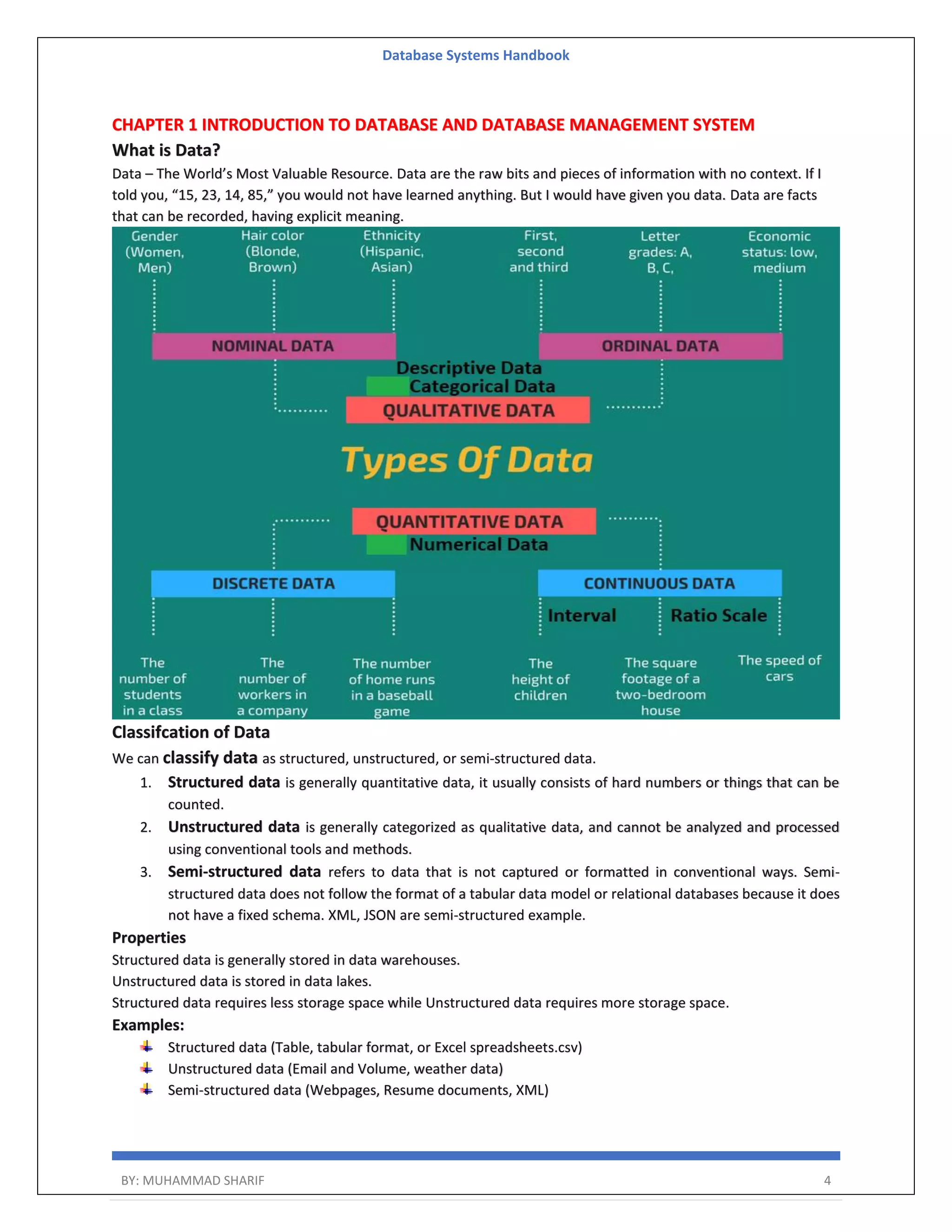 Database Systems Handbook BY: MUHAMMAD SHARIF 4 CHAPTER 1 INTRODUCTION TO DATABASE AND DATABASE MANAGEMENT SYSTEM What is Data? Data – The World’s Most Valuable Resource. Data are the raw bits and pieces of information with no context. If I told you, “15, 23, 14, 85,” you would not have learned anything. But I would have given you data. Data are facts that can be recorded, having explicit meaning. Classifcation of Data We can classify data as structured, unstructured, or semi-structured data. 1. Structured data is generally quantitative data, it usually consists of hard numbers or things that can be counted. 2. Unstructured data is generally categorized as qualitative data, and cannot be analyzed and processed using conventional tools and methods. 3. Semi-structured data refers to data that is not captured or formatted in conventional ways. Semi- structured data does not follow the format of a tabular data model or relational databases because it does not have a fixed schema. XML, JSON are semi-structured example. Properties Structured data is generally stored in data warehouses. Unstructured data is stored in data lakes. Structured data requires less storage space while Unstructured data requires more storage space. Examples: Structured data (Table, tabular format, or Excel spreadsheets.csv) Unstructured data (Email and Volume, weather data) Semi-structured data (Webpages, Resume documents, XML) 