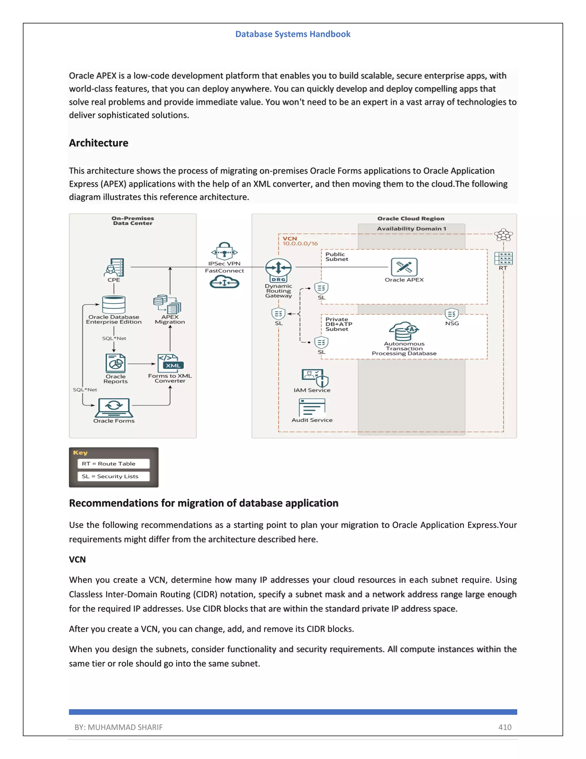 Database Systems Handbook BY: MUHAMMAD SHARIF 410 Oracle APEX is a low-code development platform that enables you to build scalable, secure enterprise apps, with world-class features, that you can deploy anywhere. You can quickly develop and deploy compelling apps that solve real problems and provide immediate value. You won't need to be an expert in a vast array of technologies to deliver sophisticated solutions. Architecture This architecture shows the process of migrating on-premises Oracle Forms applications to Oracle Application Express (APEX) applications with the help of an XML converter, and then moving them to the cloud.The following diagram illustrates this reference architecture. Recommendations for migration of database application Use the following recommendations as a starting point to plan your migration to Oracle Application Express.Your requirements might differ from the architecture described here. VCN When you create a VCN, determine how many IP addresses your cloud resources in each subnet require. Using Classless Inter-Domain Routing (CIDR) notation, specify a subnet mask and a network address range large enough for the required IP addresses. Use CIDR blocks that are within the standard private IP address space. After you create a VCN, you can change, add, and remove its CIDR blocks. When you design the subnets, consider functionality and security requirements. All compute instances within the same tier or role should go into the same subnet. 