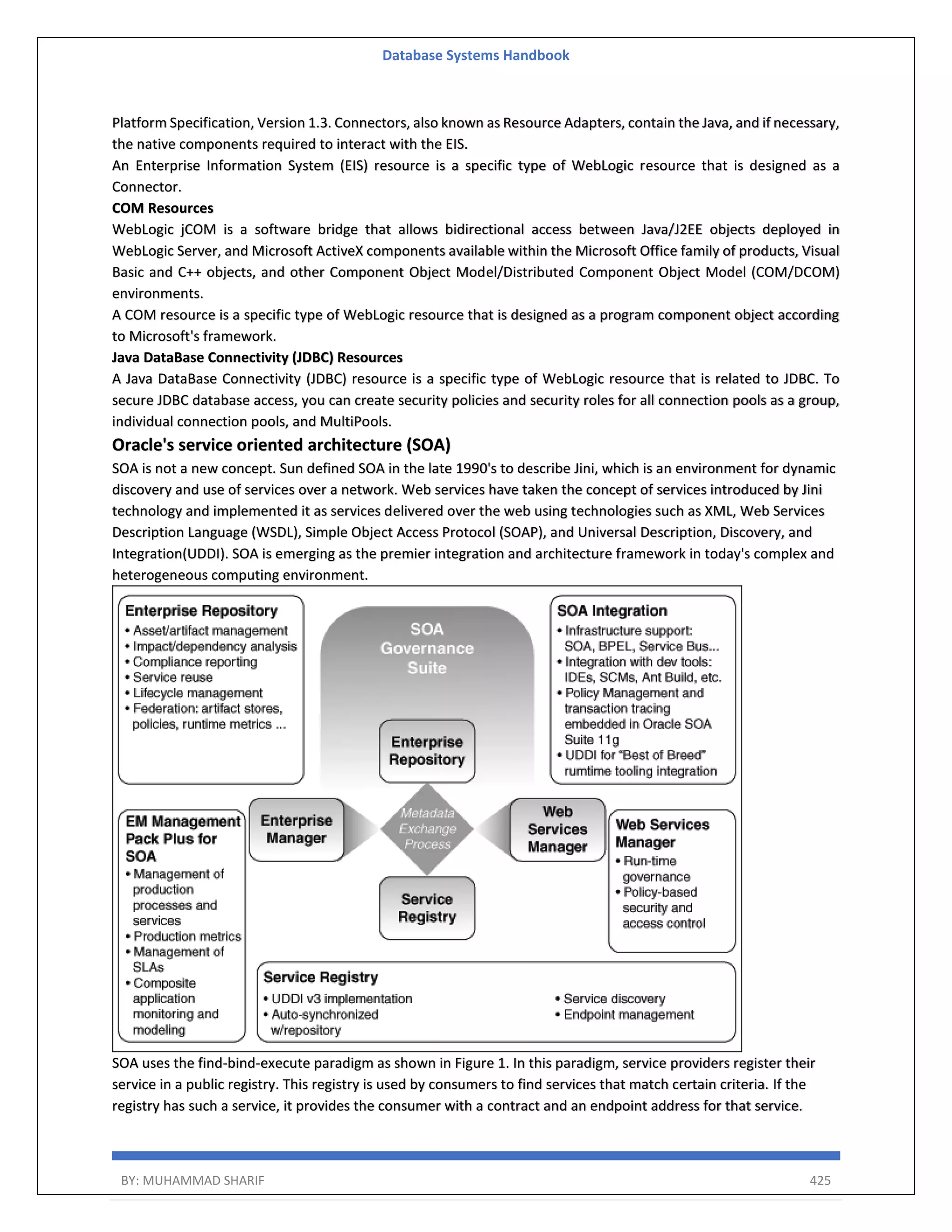 Database Systems Handbook BY: MUHAMMAD SHARIF 425 Platform Specification, Version 1.3. Connectors, also known as Resource Adapters, contain the Java, and if necessary, the native components required to interact with the EIS. An Enterprise Information System (EIS) resource is a specific type of WebLogic resource that is designed as a Connector. COM Resources WebLogic jCOM is a software bridge that allows bidirectional access between Java/J2EE objects deployed in WebLogic Server, and Microsoft ActiveX components available within the Microsoft Office family of products, Visual Basic and C++ objects, and other Component Object Model/Distributed Component Object Model (COM/DCOM) environments. A COM resource is a specific type of WebLogic resource that is designed as a program component object according to Microsoft's framework. Java DataBase Connectivity (JDBC) Resources A Java DataBase Connectivity (JDBC) resource is a specific type of WebLogic resource that is related to JDBC. To secure JDBC database access, you can create security policies and security roles for all connection pools as a group, individual connection pools, and MultiPools. Oracle's service oriented architecture (SOA) SOA is not a new concept. Sun defined SOA in the late 1990's to describe Jini, which is an environment for dynamic discovery and use of services over a network. Web services have taken the concept of services introduced by Jini technology and implemented it as services delivered over the web using technologies such as XML, Web Services Description Language (WSDL), Simple Object Access Protocol (SOAP), and Universal Description, Discovery, and Integration(UDDI). SOA is emerging as the premier integration and architecture framework in today's complex and heterogeneous computing environment. SOA uses the find-bind-execute paradigm as shown in Figure 1. In this paradigm, service providers register their service in a public registry. This registry is used by consumers to find services that match certain criteria. If the registry has such a service, it provides the consumer with a contract and an endpoint address for that service. 