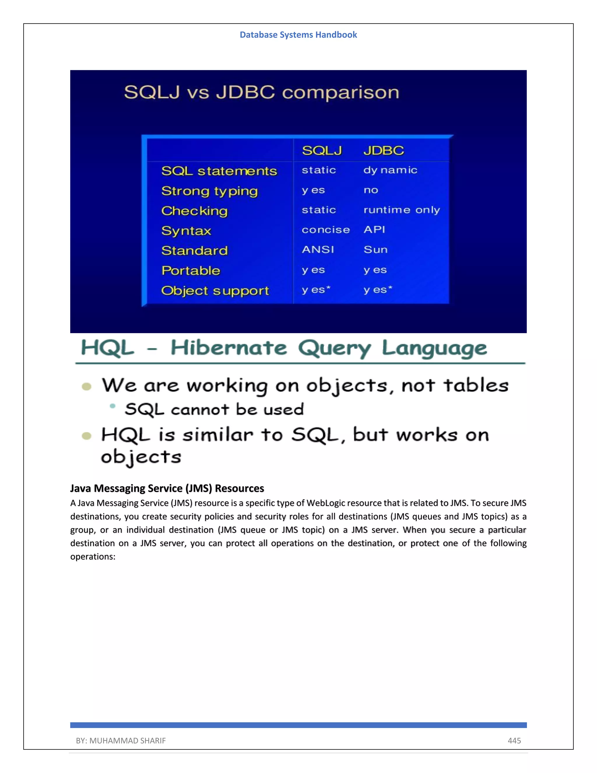 Database Systems Handbook BY: MUHAMMAD SHARIF 445 Java Messaging Service (JMS) Resources A Java Messaging Service (JMS) resource is a specific type of WebLogic resource that is related to JMS. To secure JMS destinations, you create security policies and security roles for all destinations (JMS queues and JMS topics) as a group, or an individual destination (JMS queue or JMS topic) on a JMS server. When you secure a particular destination on a JMS server, you can protect all operations on the destination, or protect one of the following operations: 