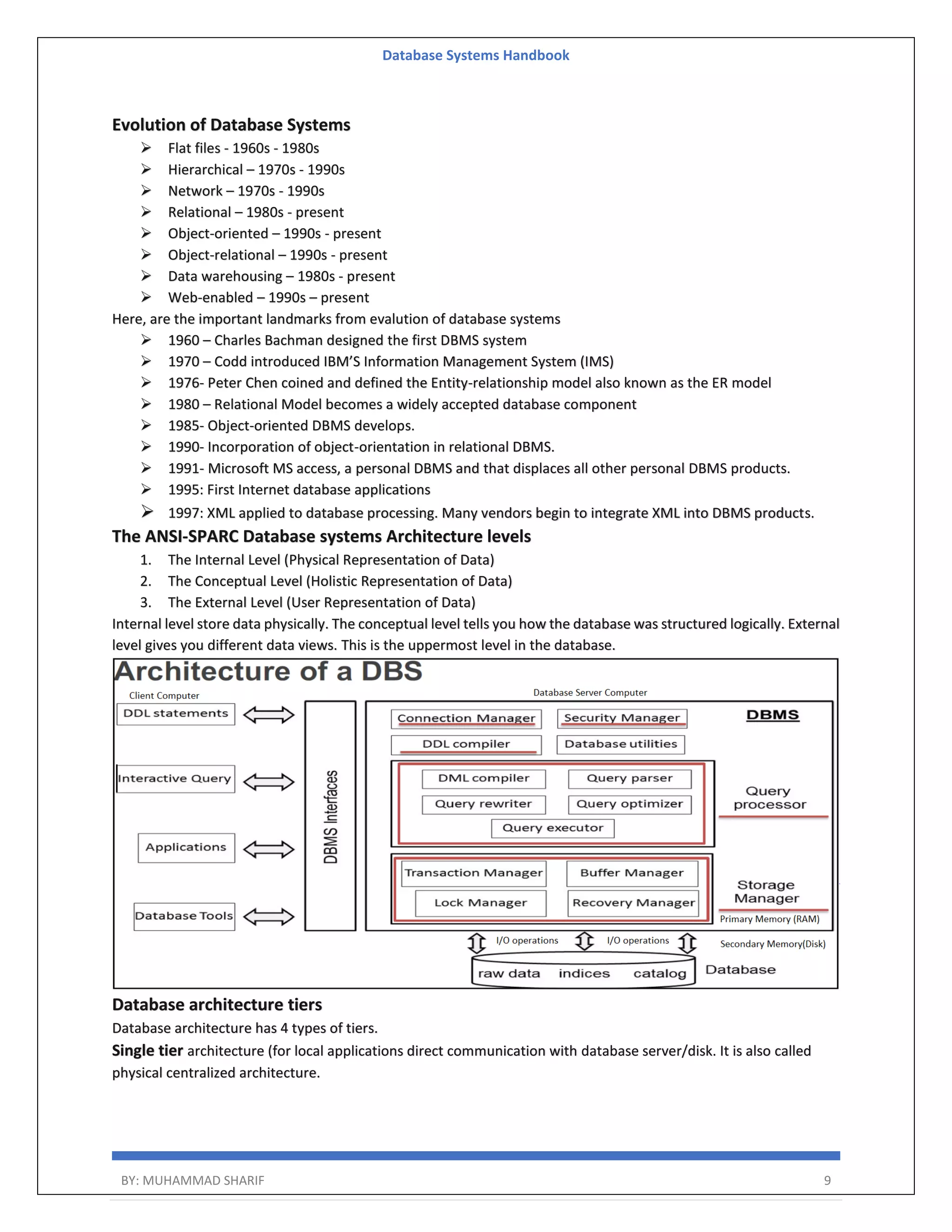 Database Systems Handbook BY: MUHAMMAD SHARIF 9 Evolution of Database Systems  Flat files - 1960s - 1980s  Hierarchical – 1970s - 1990s  Network – 1970s - 1990s  Relational – 1980s - present  Object-oriented – 1990s - present  Object-relational – 1990s - present  Data warehousing – 1980s - present  Web-enabled – 1990s – present Here, are the important landmarks from evalution of database systems  1960 – Charles Bachman designed the first DBMS system  1970 – Codd introduced IBM’S Information Management System (IMS)  1976- Peter Chen coined and defined the Entity-relationship model also known as the ER model  1980 – Relational Model becomes a widely accepted database component  1985- Object-oriented DBMS develops.  1990- Incorporation of object-orientation in relational DBMS.  1991- Microsoft MS access, a personal DBMS and that displaces all other personal DBMS products.  1995: First Internet database applications  1997: XML applied to database processing. Many vendors begin to integrate XML into DBMS products. The ANSI-SPARC Database systems Architecture levels 1. The Internal Level (Physical Representation of Data) 2. The Conceptual Level (Holistic Representation of Data) 3. The External Level (User Representation of Data) Internal level store data physically. The conceptual level tells you how the database was structured logically. External level gives you different data views. This is the uppermost level in the database. Database architecture tiers Database architecture has 4 types of tiers. Single tier architecture (for local applications direct communication with database server/disk. It is also called physical centralized architecture. 