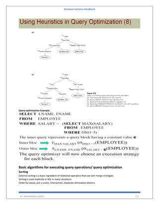 Database Systems Handbook
BY: MUHAMMAD SHARIF 212
Query optimization Example:
Basic algorithms for executing query operations/ query optimization
Sorting
External sorting is a basic ingredient of relational operators that use sort-merge strategies
Sorting is used implicitly in SQL in many situations:
Order by clause, join a union, intersection, duplicate elimination distinct.
 
