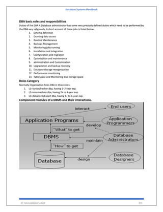 Database Systems Handbook
BY: MUHAMMAD SHARIF 229
DBA basic roles and responsibilities
Duties of the DBA A Database administrator has some very precisely defined duties which need to be performed by
the DBA very religiously. A short account of these jobs is listed below:
1. Schema definition
2. Granting data access
3. Routine Maintenance
4. Backups Management
5. Monitoring jobs running
6. Installation and integration
7. Configuration and migration
8. Optimization and maintenance
9. administration and Customization
10. Upgradation and backup recovery
11. Database storage reorganization
12. Performance monitoring
13. Tablespace and Monitoring disk storage space
Roles Category
Normally Organization hires DBA in three roles:
1. L1=Junior/fresher dba, having 1–2-year exp.
2. L2=Intermediate dba, having 2+ to 4-year exp.
3. L3=Advanced/Expert dba, having 4+ to 6-year exp.
Component modules of a DBMS and their interactions.
 