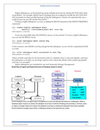 Database Systems Handbook
BY: MUHAMMAD SHARIF 328
Broad View of Logical and Physical Structure of Database System in Oracle.
Oracle Database must use logical space management to track and allocate the extents in a tablespace. When a
database object requires an extent, the database must have a method of finding and providing it. Similarly, when
an object no longer requires an extent, the database must have a method of making the free extent available.
Oracle Database manages space within a tablespace based on the type that you create.
 