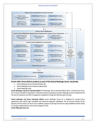 Database Systems Handbook
BY: MUHAMMAD SHARIF 427
Oracle offers three distinct products as part of the Oracle WebLogic Server 11g family:
 Oracle WebLogic Server Standard Edition (SE)
 Oracle WebLogic Server Enterprise Edition (EE)
 Oracle WebLogic Suite
Oracle WebLogic 11g Server Standard Edition The WebLogic Server Standard Edition (SE) is a full-featured server,
but is mainly intended for developers to develop enterprise applications quickly. WebLogic Server SE implements all
the Java EE standards and offers management capabilities through the Administration Console.
Oracle WebLogic 11g Server Enterprise Edition Oracle WebLogic Server EE is designed for mission-critical
applications that require high availability and advanced diagnostic capabilities. The EE version contains all the
features of th SE version, of course, but in addition supports clustering of servers for high availability and the ability
to manage multiple domains, plus various diagnostic tools.
Oracle WebLogic Suite 11g
 