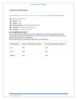 Database Systems Handbook
BY: MUHAMMAD SHARIF 449
Can I Install Oracle On Linux?
You can install Oracle on Windows for the most part, while Solaris and Linux require configuring the system
manually before installation. Installing Oracle Linux via Red Hat, Oracle Linux, and SUSE Linux Enterprise Server
would be a good choice for Linux distributions.
Memory Requirements for Installing Oracle WebLogic Server and Coherence
Operating System Minimum Physical Memory Required Minimum Available Memory Required
Linux 4 GB 8 GB
UNIX 4 GB 8 GB
Windows 4 GB 8 GB
 