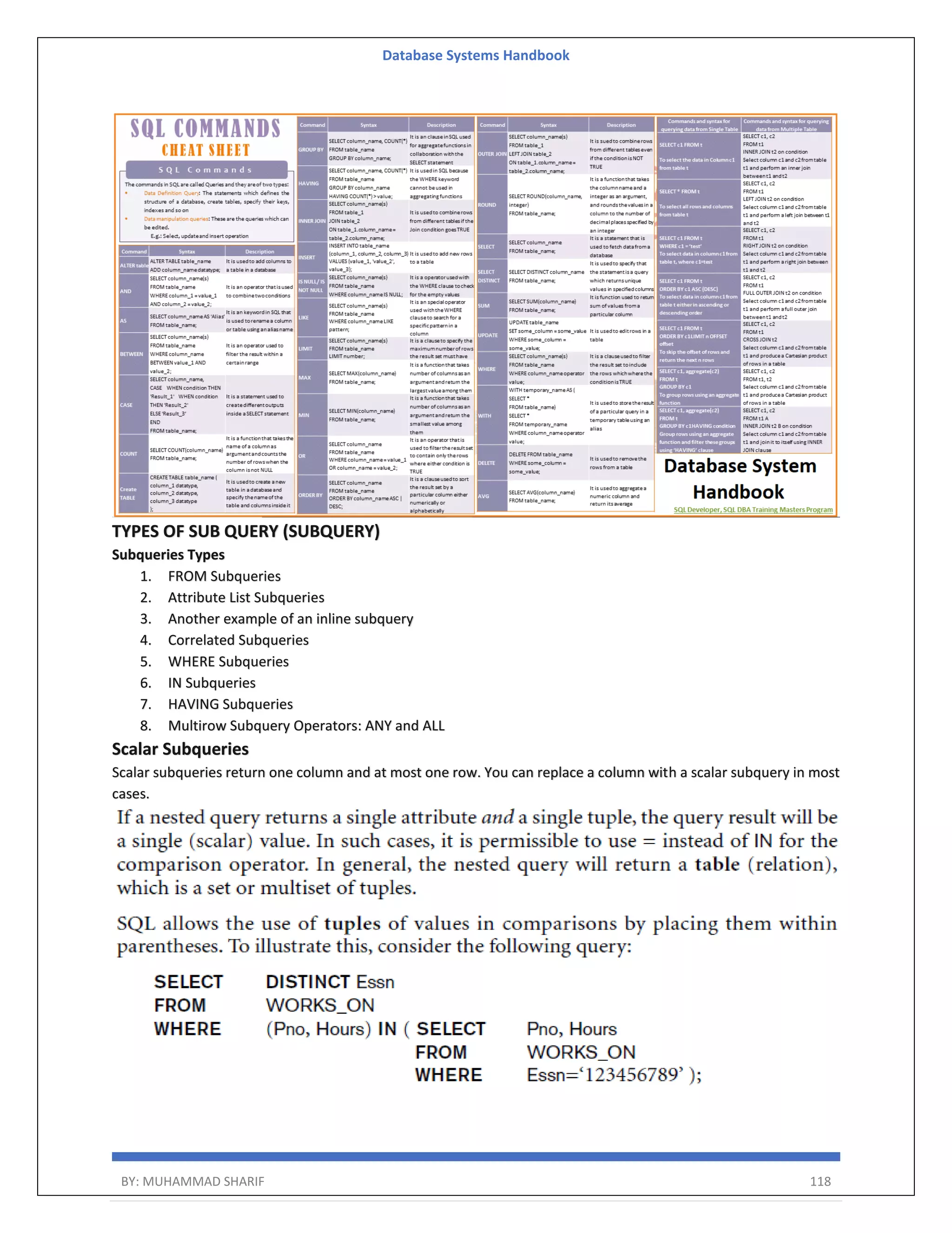 Database Systems Handbook BY: MUHAMMAD SHARIF 118 TYPES OF SUB QUERY (SUBQUERY) Subqueries Types 1. FROM Subqueries 2. Attribute List Subqueries 3. Another example of an inline subquery 4. Correlated Subqueries 5. WHERE Subqueries 6. IN Subqueries 7. HAVING Subqueries 8. Multirow Subquery Operators: ANY and ALL Scalar Subqueries Scalar subqueries return one column and at most one row. You can replace a column with a scalar subquery in most cases. 