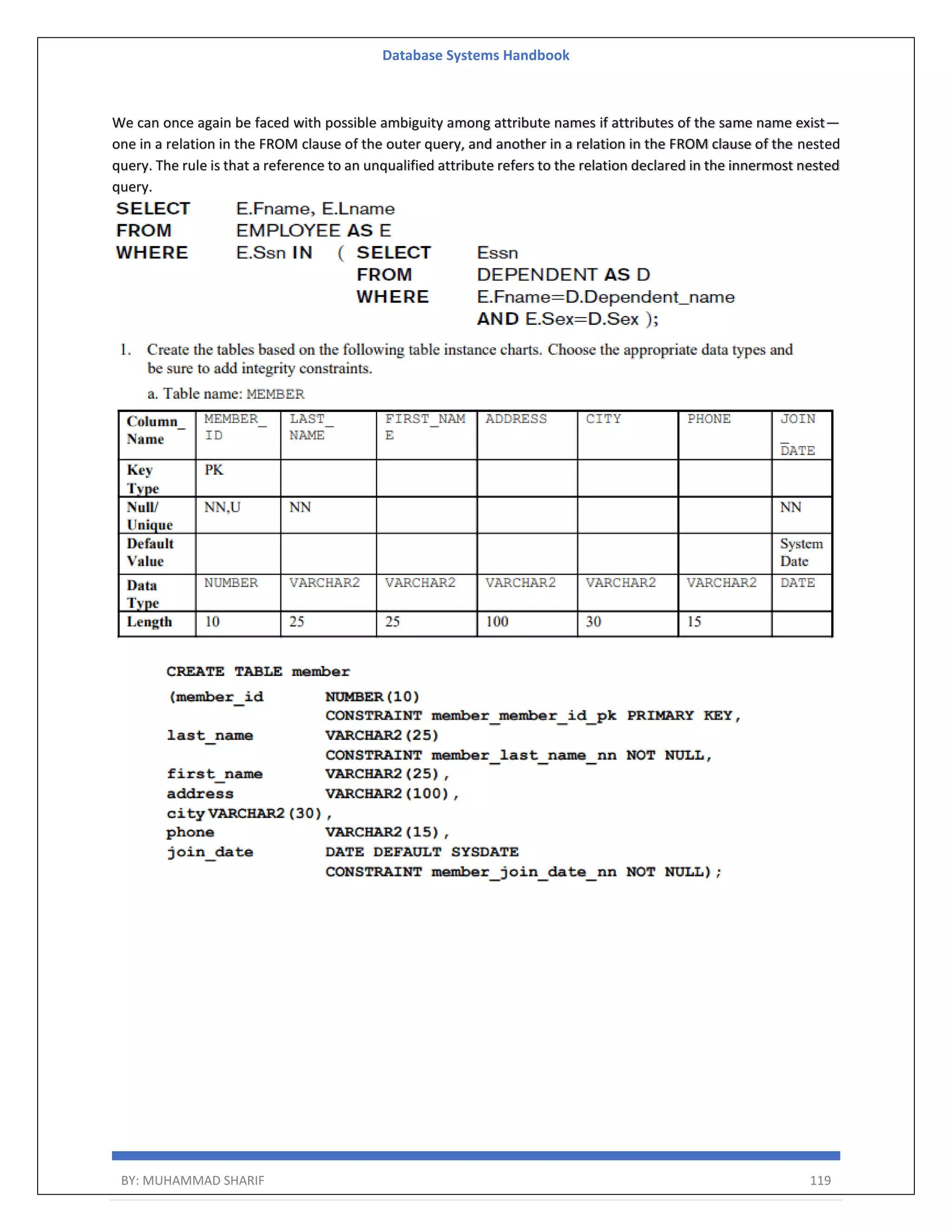 Database Systems Handbook BY: MUHAMMAD SHARIF 119 We can once again be faced with possible ambiguity among attribute names if attributes of the same name exist— one in a relation in the FROM clause of the outer query, and another in a relation in the FROM clause of the nested query. The rule is that a reference to an unqualified attribute refers to the relation declared in the innermost nested query. 