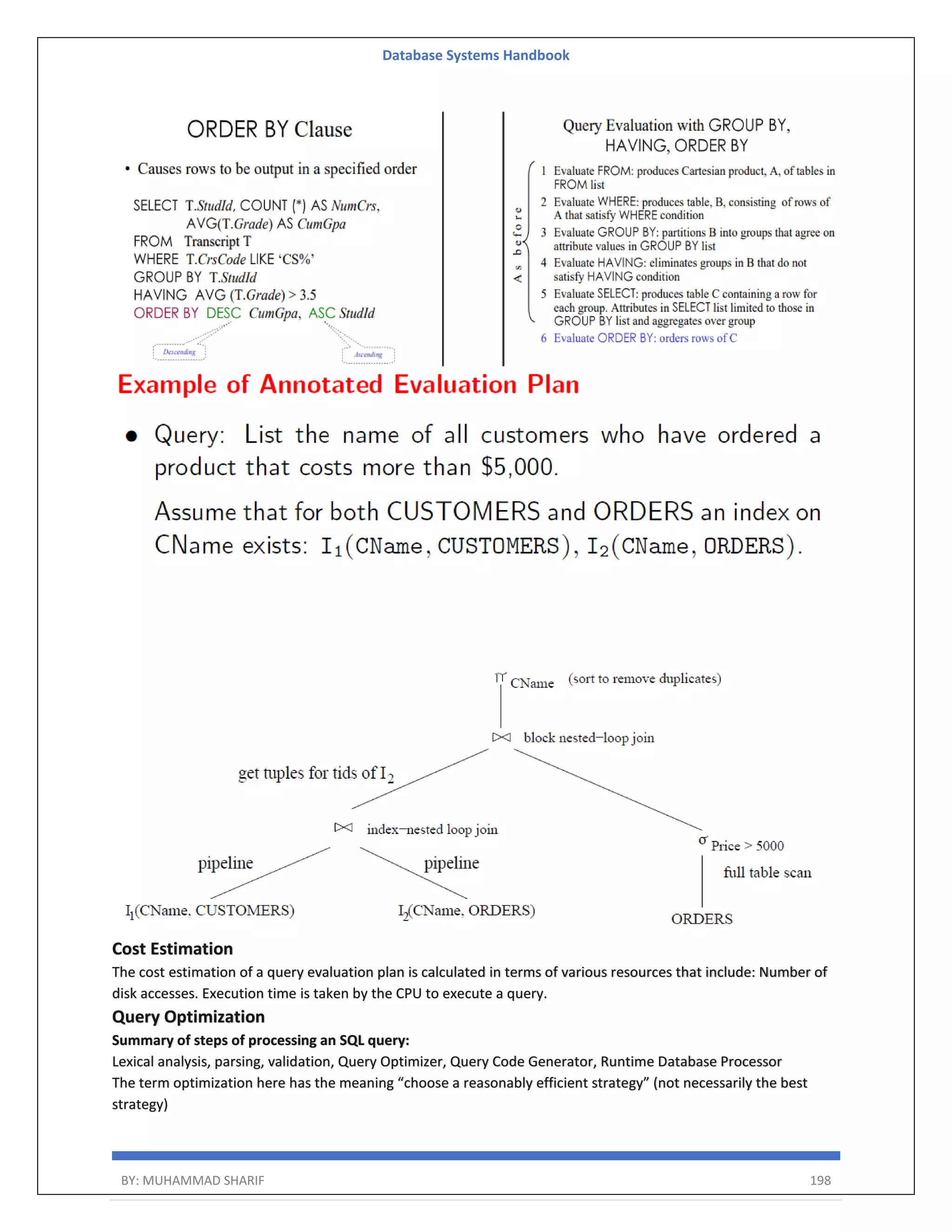 Database Systems Handbook BY: MUHAMMAD SHARIF 198 Cost Estimation The cost estimation of a query evaluation plan is calculated in terms of various resources that include: Number of disk accesses. Execution time is taken by the CPU to execute a query. Query Optimization Summary of steps of processing an SQL query: Lexical analysis, parsing, validation, Query Optimizer, Query Code Generator, Runtime Database Processor The term optimization here has the meaning “choose a reasonably efficient strategy” (not necessarily the best strategy) 