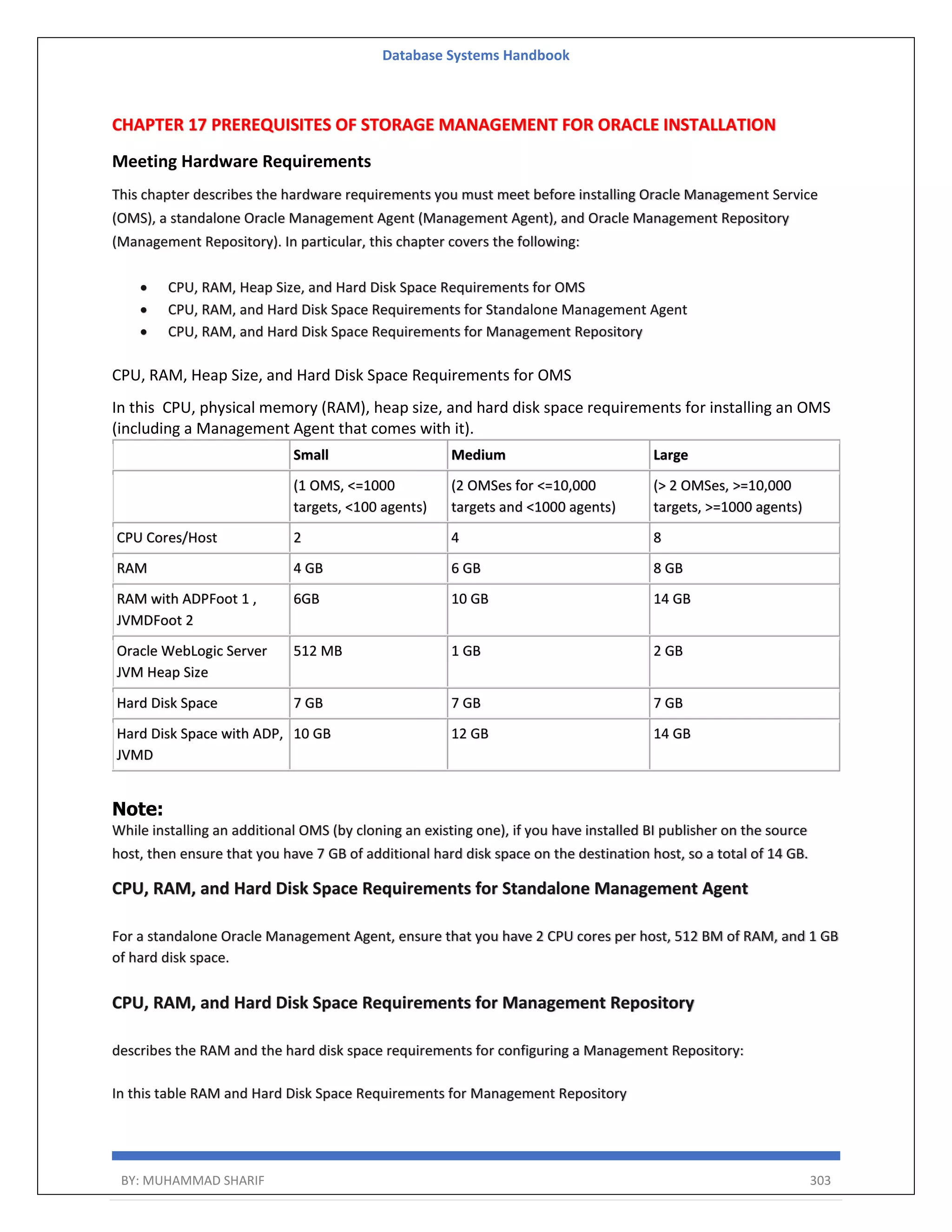 Database Systems Handbook BY: MUHAMMAD SHARIF 303 CHAPTER 17 PREREQUISITES OF STORAGE MANAGEMENT FOR ORACLE INSTALLATION Meeting Hardware Requirements This chapter describes the hardware requirements you must meet before installing Oracle Management Service (OMS), a standalone Oracle Management Agent (Management Agent), and Oracle Management Repository (Management Repository). In particular, this chapter covers the following:  CPU, RAM, Heap Size, and Hard Disk Space Requirements for OMS  CPU, RAM, and Hard Disk Space Requirements for Standalone Management Agent  CPU, RAM, and Hard Disk Space Requirements for Management Repository CPU, RAM, Heap Size, and Hard Disk Space Requirements for OMS In this CPU, physical memory (RAM), heap size, and hard disk space requirements for installing an OMS (including a Management Agent that comes with it). Small Medium Large (1 OMS, <=1000 targets, <100 agents) (2 OMSes for <=10,000 targets and <1000 agents) (> 2 OMSes, >=10,000 targets, >=1000 agents) CPU Cores/Host 2 4 8 RAM 4 GB 6 GB 8 GB RAM with ADPFoot 1 , JVMDFoot 2 6GB 10 GB 14 GB Oracle WebLogic Server JVM Heap Size 512 MB 1 GB 2 GB Hard Disk Space 7 GB 7 GB 7 GB Hard Disk Space with ADP, JVMD 10 GB 12 GB 14 GB Note: While installing an additional OMS (by cloning an existing one), if you have installed BI publisher on the source host, then ensure that you have 7 GB of additional hard disk space on the destination host, so a total of 14 GB. CPU, RAM, and Hard Disk Space Requirements for Standalone Management Agent For a standalone Oracle Management Agent, ensure that you have 2 CPU cores per host, 512 BM of RAM, and 1 GB of hard disk space. CPU, RAM, and Hard Disk Space Requirements for Management Repository describes the RAM and the hard disk space requirements for configuring a Management Repository: In this table RAM and Hard Disk Space Requirements for Management Repository 