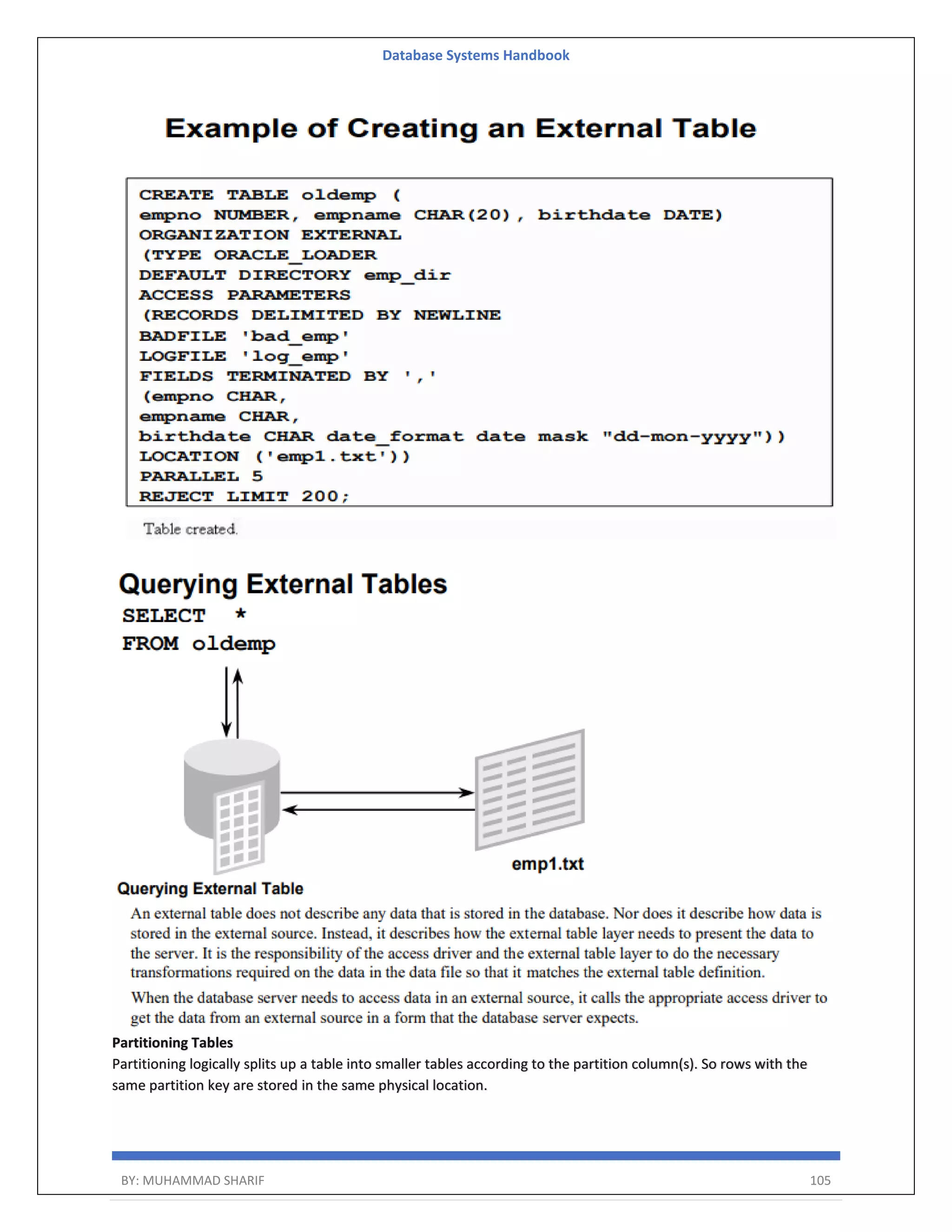 Database Systems Handbook BY: MUHAMMAD SHARIF 105 Partitioning Tables Partitioning logically splits up a table into smaller tables according to the partition column(s). So rows with the same partition key are stored in the same physical location. 