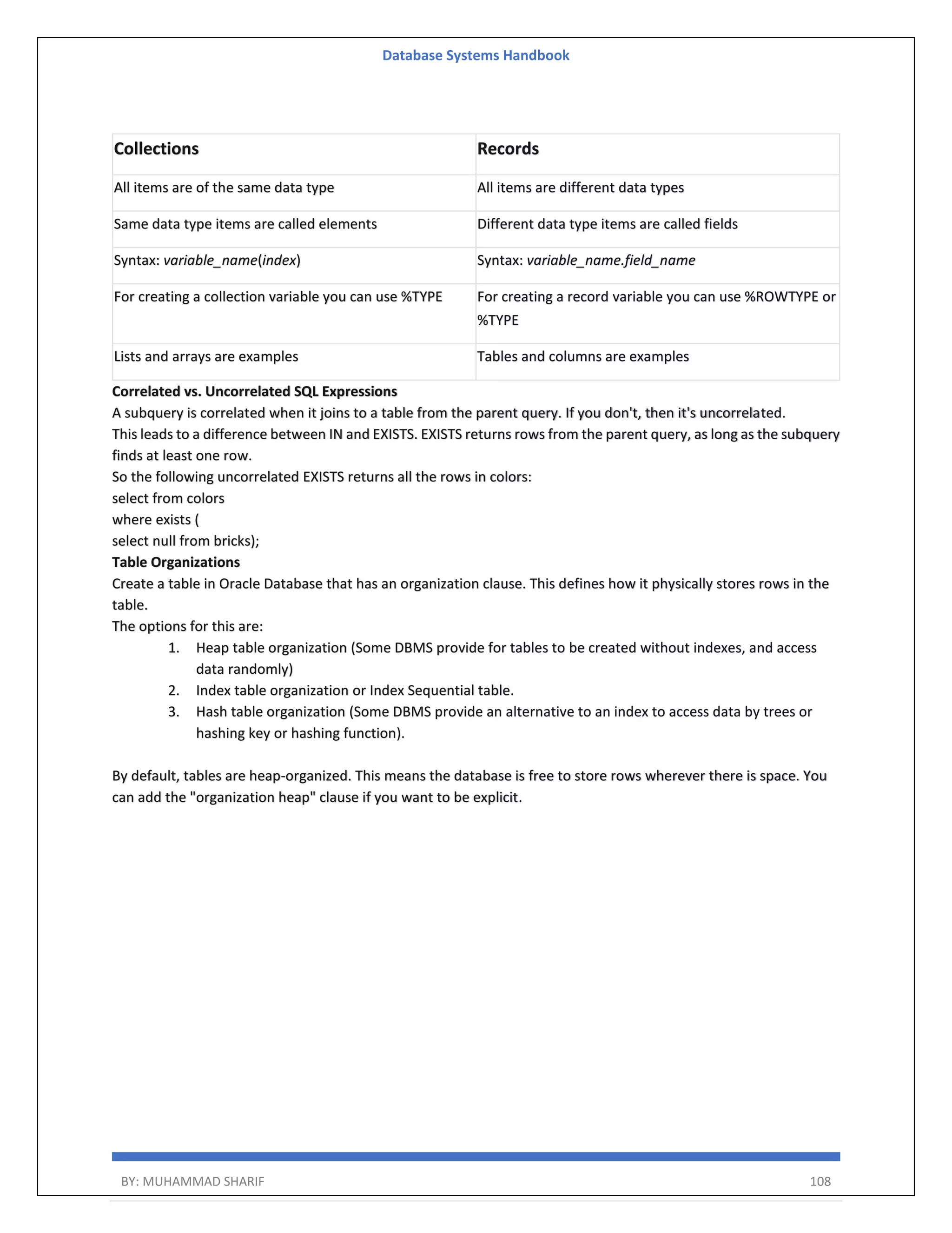 Database Systems Handbook BY: MUHAMMAD SHARIF 108 Collections Records All items are of the same data type All items are different data types Same data type items are called elements Different data type items are called fields Syntax: variable_name(index) Syntax: variable_name.field_name For creating a collection variable you can use %TYPE For creating a record variable you can use %ROWTYPE or %TYPE Lists and arrays are examples Tables and columns are examples Correlated vs. Uncorrelated SQL Expressions A subquery is correlated when it joins to a table from the parent query. If you don't, then it's uncorrelated. This leads to a difference between IN and EXISTS. EXISTS returns rows from the parent query, as long as the subquery finds at least one row. So the following uncorrelated EXISTS returns all the rows in colors: select from colors where exists ( select null from bricks); Table Organizations Create a table in Oracle Database that has an organization clause. This defines how it physically stores rows in the table. The options for this are: 1. Heap table organization (Some DBMS provide for tables to be created without indexes, and access data randomly) 2. Index table organization or Index Sequential table. 3. Hash table organization (Some DBMS provide an alternative to an index to access data by trees or hashing key or hashing function). By default, tables are heap-organized. This means the database is free to store rows wherever there is space. You can add the "organization heap" clause if you want to be explicit. 