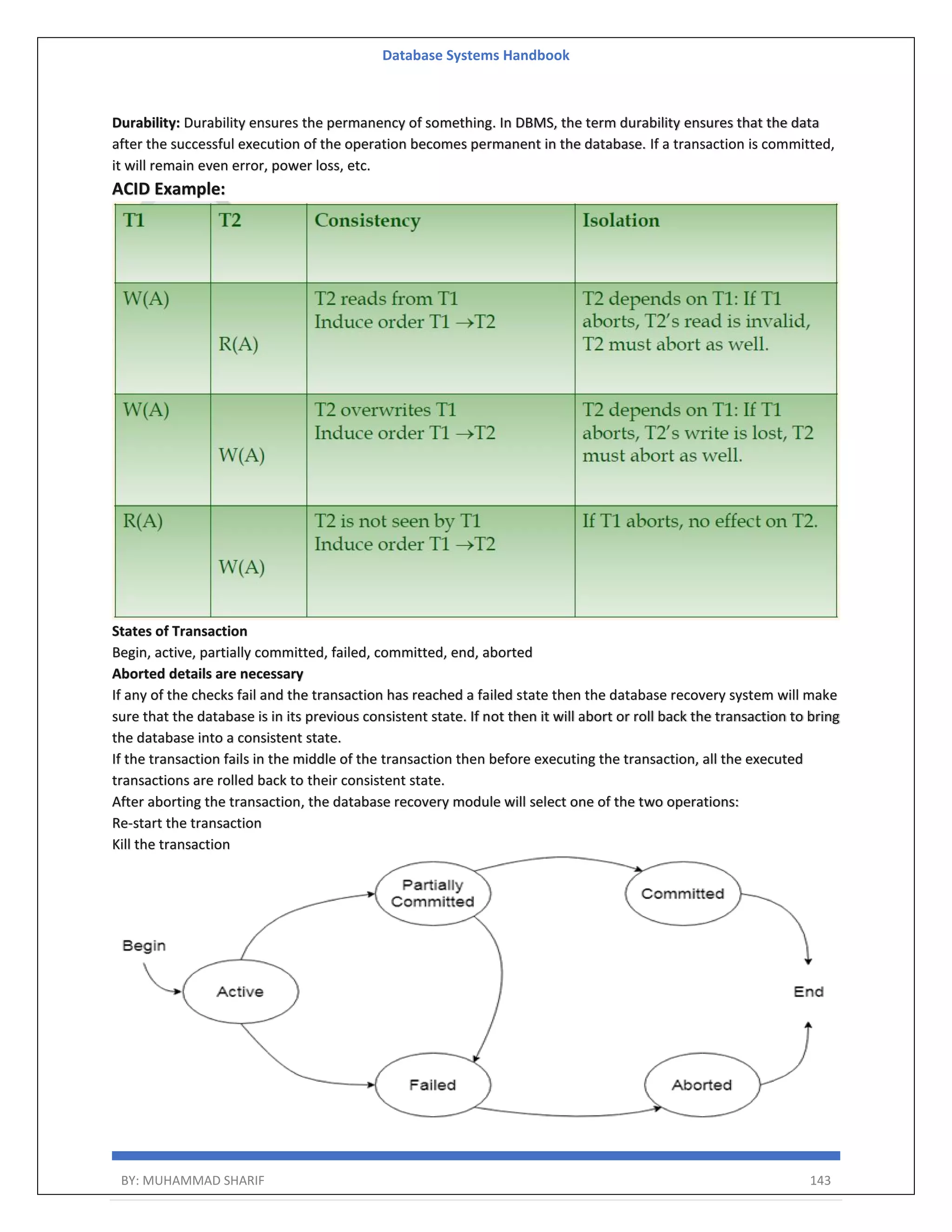 Database Systems Handbook BY: MUHAMMAD SHARIF 143 Durability: Durability ensures the permanency of something. In DBMS, the term durability ensures that the data after the successful execution of the operation becomes permanent in the database. If a transaction is committed, it will remain even error, power loss, etc. ACID Example: States of Transaction Begin, active, partially committed, failed, committed, end, aborted Aborted details are necessary If any of the checks fail and the transaction has reached a failed state then the database recovery system will make sure that the database is in its previous consistent state. If not then it will abort or roll back the transaction to bring the database into a consistent state. If the transaction fails in the middle of the transaction then before executing the transaction, all the executed transactions are rolled back to their consistent state. After aborting the transaction, the database recovery module will select one of the two operations: Re-start the transaction Kill the transaction 