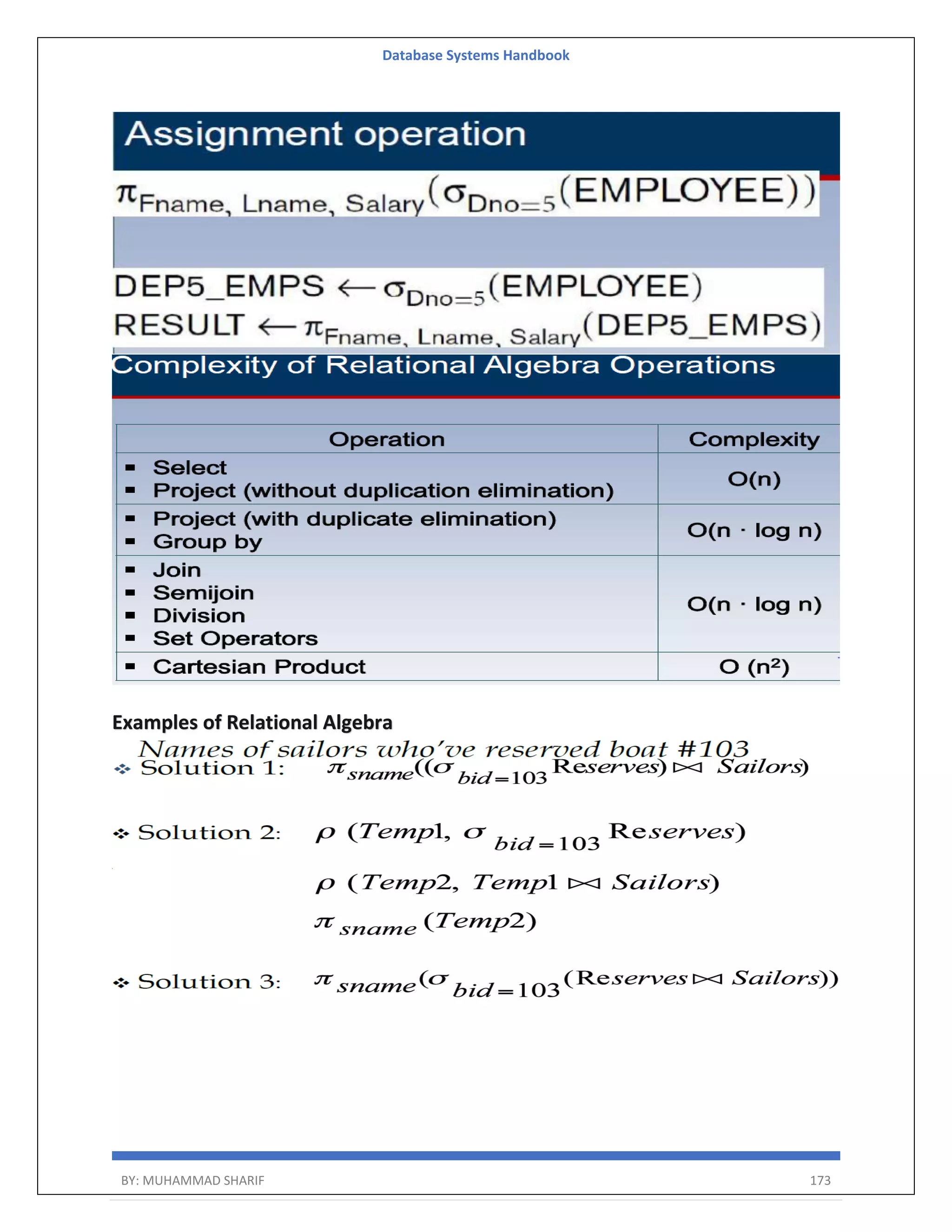 Database Systems Handbook BY: MUHAMMAD SHARIF 173 Examples of Relational Algebra 