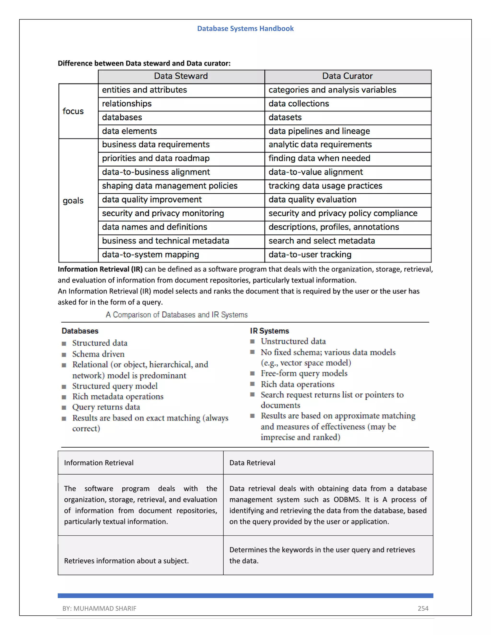 Database Systems Handbook BY: MUHAMMAD SHARIF 254 Difference between Data steward and Data curator: Information Retrieval (IR) can be defined as a software program that deals with the organization, storage, retrieval, and evaluation of information from document repositories, particularly textual information. An Information Retrieval (IR) model selects and ranks the document that is required by the user or the user has asked for in the form of a query. Information Retrieval Data Retrieval The software program deals with the organization, storage, retrieval, and evaluation of information from document repositories, particularly textual information. Data retrieval deals with obtaining data from a database management system such as ODBMS. It is A process of identifying and retrieving the data from the database, based on the query provided by the user or application. Retrieves information about a subject. Determines the keywords in the user query and retrieves the data. 