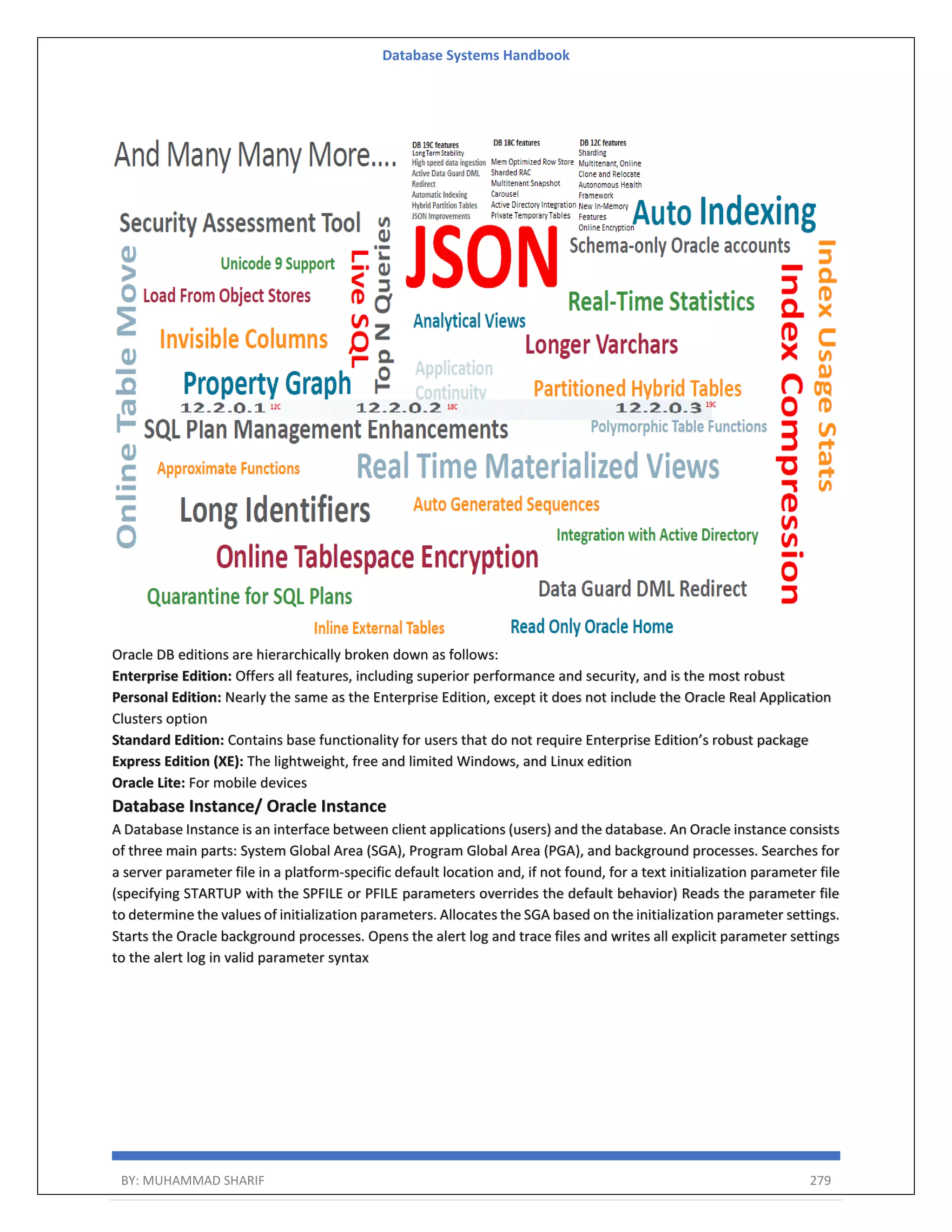 Database Systems Handbook BY: MUHAMMAD SHARIF 279 Oracle DB editions are hierarchically broken down as follows: Enterprise Edition: Offers all features, including superior performance and security, and is the most robust Personal Edition: Nearly the same as the Enterprise Edition, except it does not include the Oracle Real Application Clusters option Standard Edition: Contains base functionality for users that do not require Enterprise Edition’s robust package Express Edition (XE): The lightweight, free and limited Windows, and Linux edition Oracle Lite: For mobile devices Database Instance/ Oracle Instance A Database Instance is an interface between client applications (users) and the database. An Oracle instance consists of three main parts: System Global Area (SGA), Program Global Area (PGA), and background processes. Searches for a server parameter file in a platform-specific default location and, if not found, for a text initialization parameter file (specifying STARTUP with the SPFILE or PFILE parameters overrides the default behavior) Reads the parameter file to determine the values of initialization parameters. Allocates the SGA based on the initialization parameter settings. Starts the Oracle background processes. Opens the alert log and trace files and writes all explicit parameter settings to the alert log in valid parameter syntax 