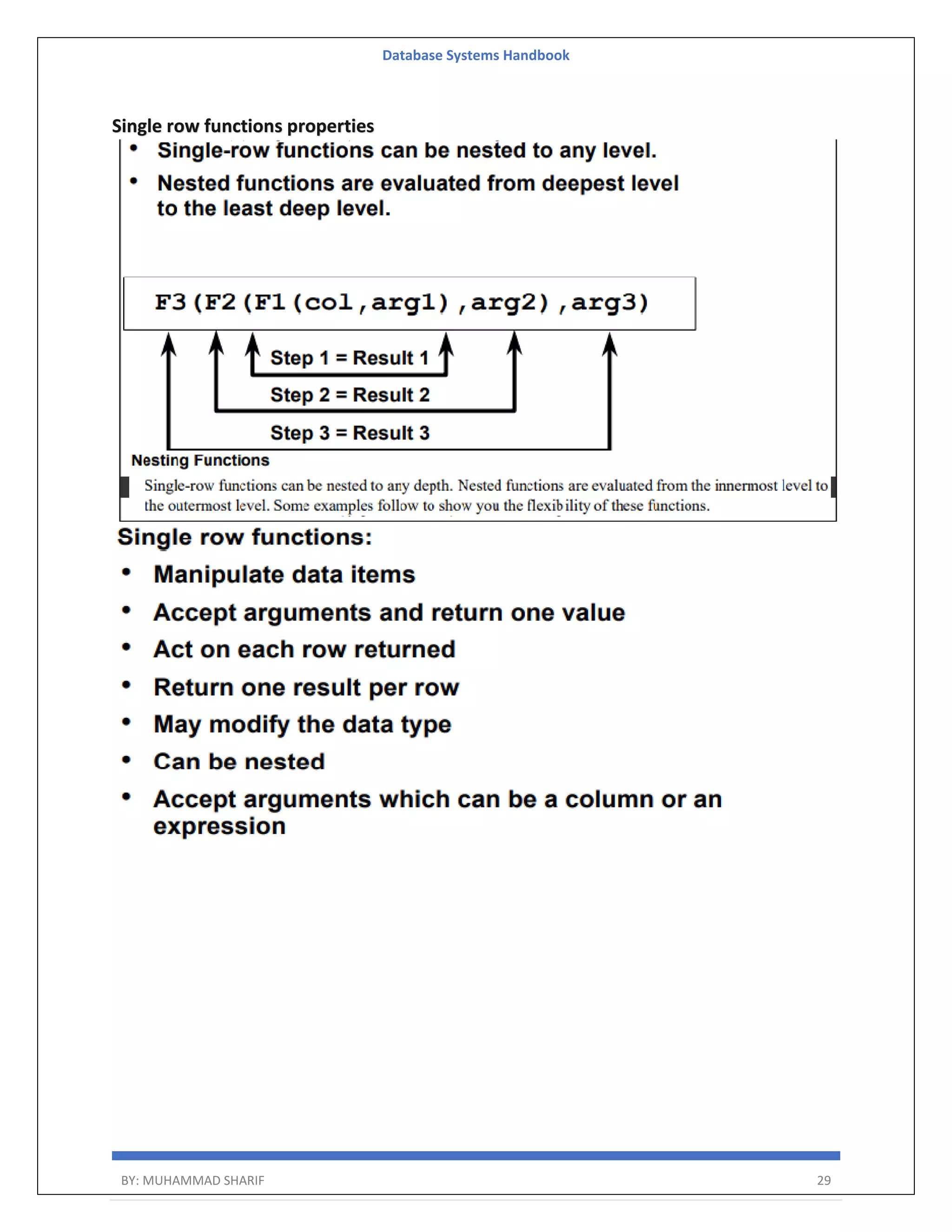 Database Systems Handbook BY: MUHAMMAD SHARIF 29 Single row functions properties 