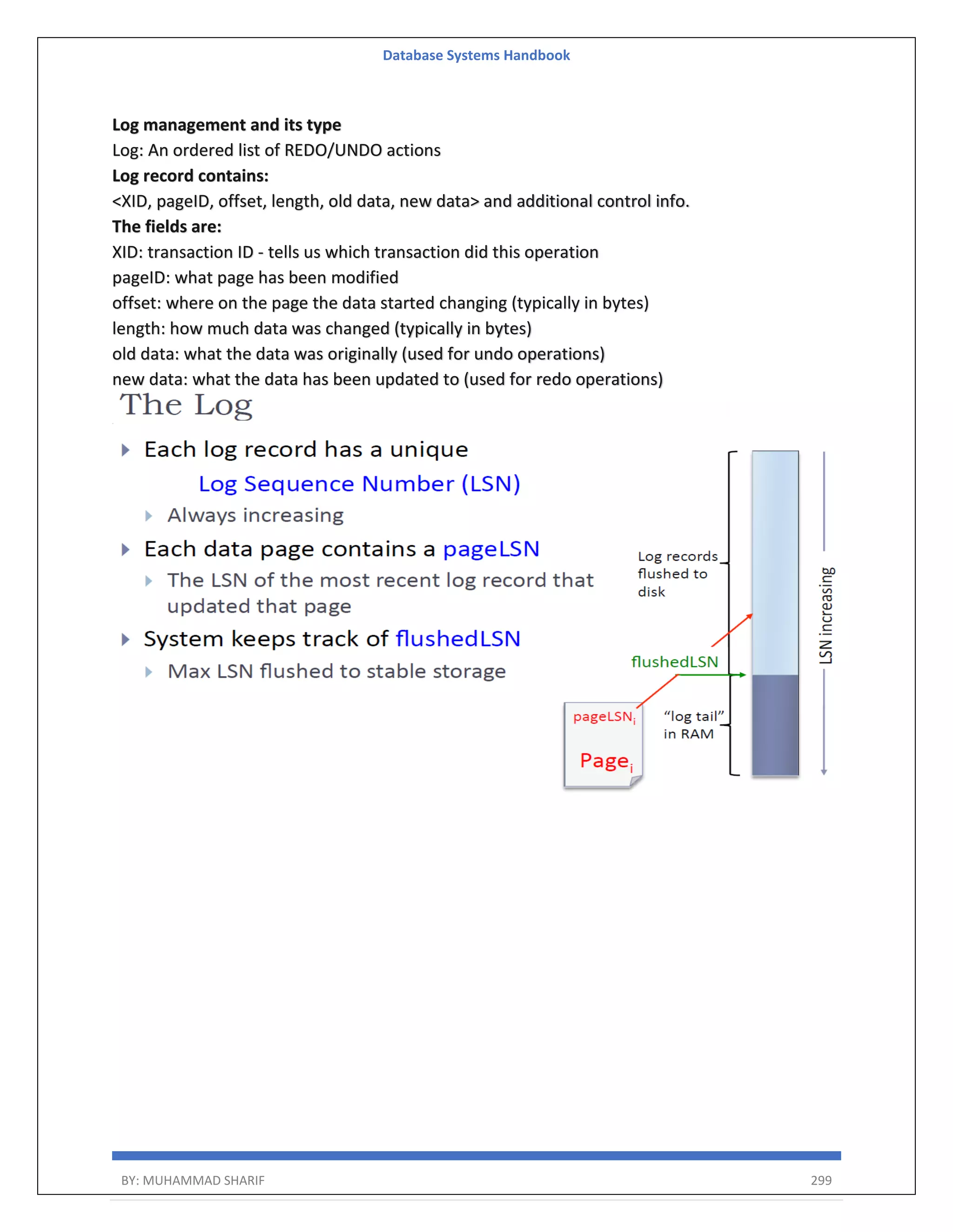 Database Systems Handbook BY: MUHAMMAD SHARIF 299 Log management and its type Log: An ordered list of REDO/UNDO actions Log record contains: <XID, pageID, offset, length, old data, new data> and additional control info. The fields are: XID: transaction ID - tells us which transaction did this operation pageID: what page has been modified offset: where on the page the data started changing (typically in bytes) length: how much data was changed (typically in bytes) old data: what the data was originally (used for undo operations) new data: what the data has been updated to (used for redo operations) 