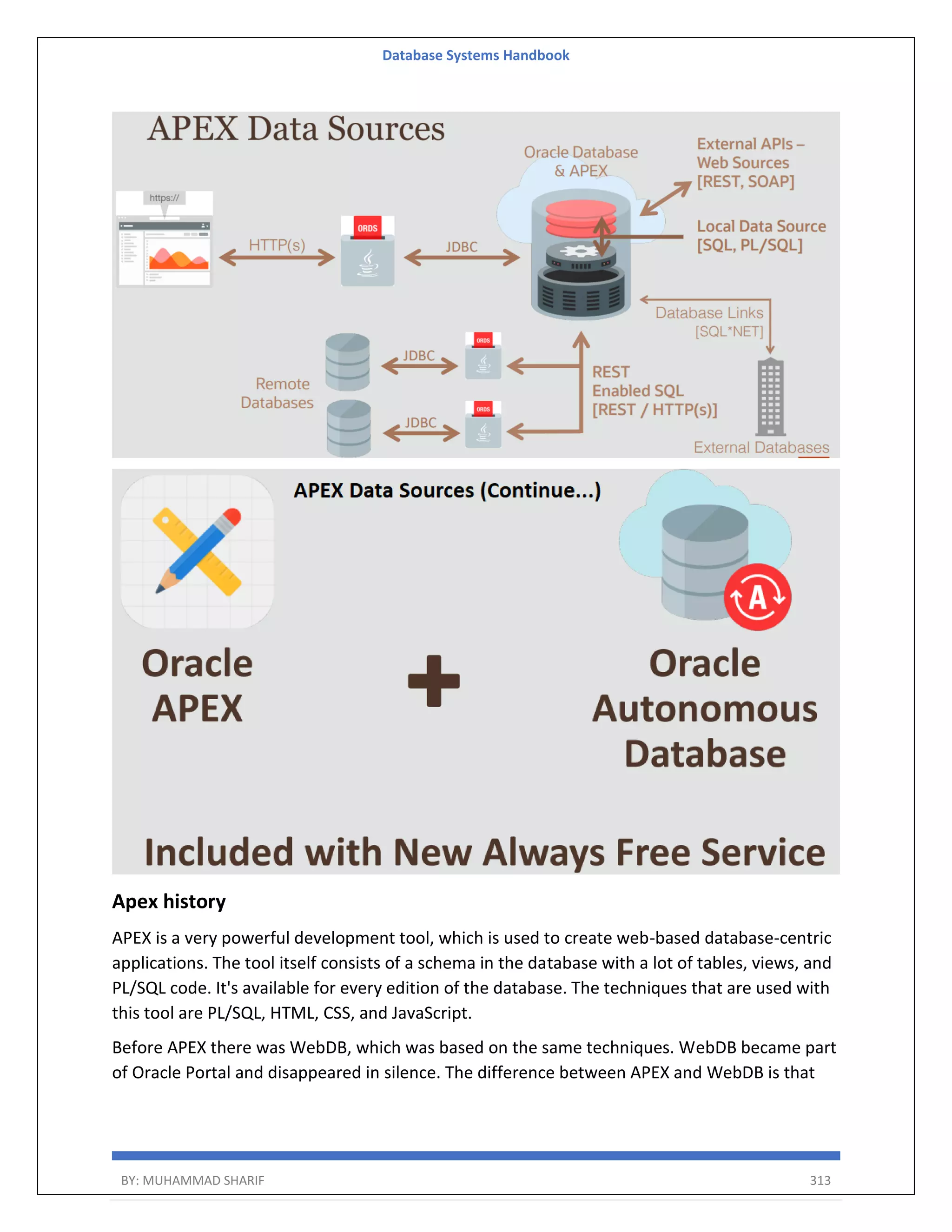 Database Systems Handbook BY: MUHAMMAD SHARIF 313 Apex history APEX is a very powerful development tool, which is used to create web-based database-centric applications. The tool itself consists of a schema in the database with a lot of tables, views, and PL/SQL code. It's available for every edition of the database. The techniques that are used with this tool are PL/SQL, HTML, CSS, and JavaScript. Before APEX there was WebDB, which was based on the same techniques. WebDB became part of Oracle Portal and disappeared in silence. The difference between APEX and WebDB is that 