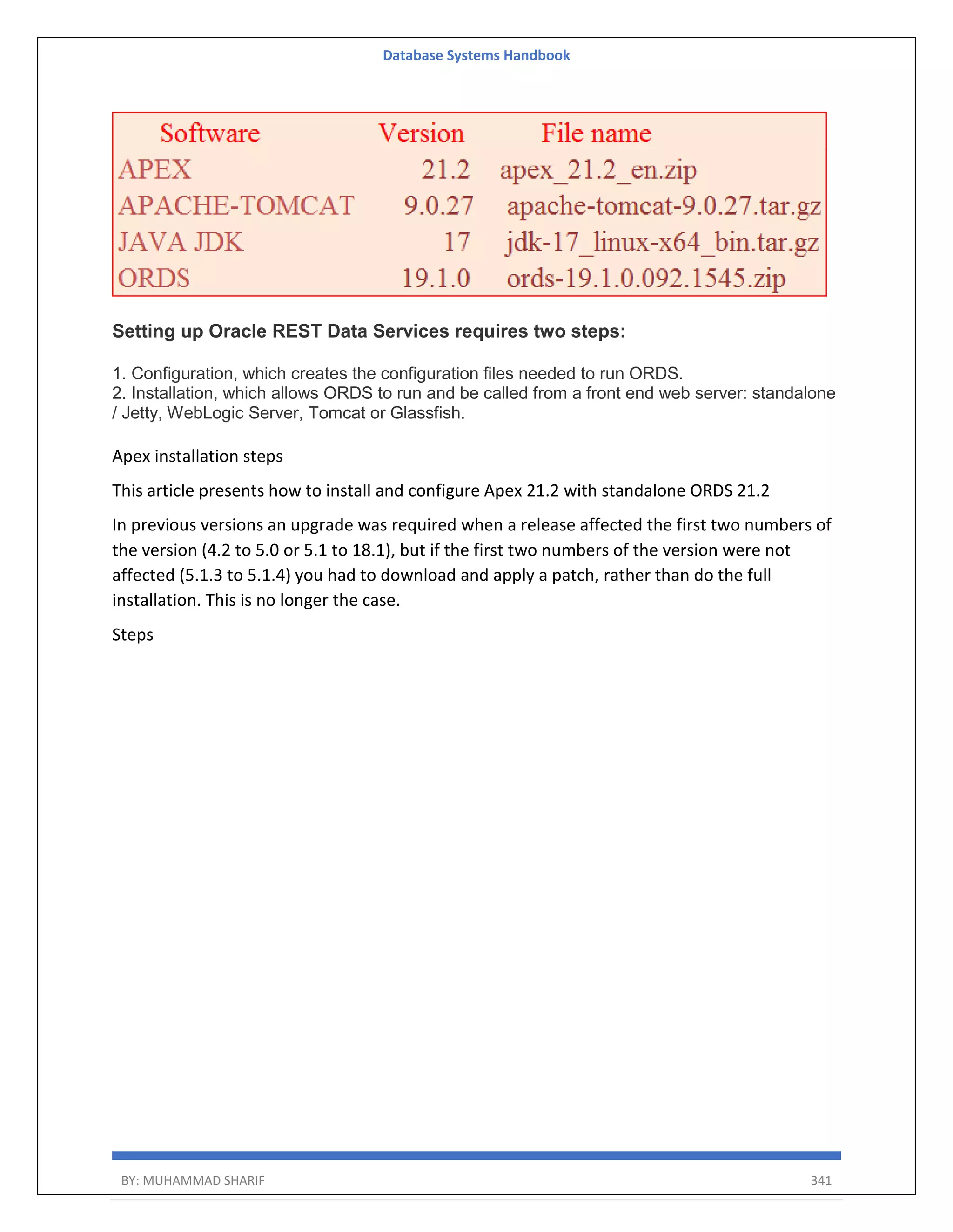 Database Systems Handbook BY: MUHAMMAD SHARIF 341 Setting up Oracle REST Data Services requires two steps: 1. Configuration, which creates the configuration files needed to run ORDS. 2. Installation, which allows ORDS to run and be called from a front end web server: standalone / Jetty, WebLogic Server, Tomcat or Glassfish. Apex installation steps This article presents how to install and configure Apex 21.2 with standalone ORDS 21.2 In previous versions an upgrade was required when a release affected the first two numbers of the version (4.2 to 5.0 or 5.1 to 18.1), but if the first two numbers of the version were not affected (5.1.3 to 5.1.4) you had to download and apply a patch, rather than do the full installation. This is no longer the case. Steps 