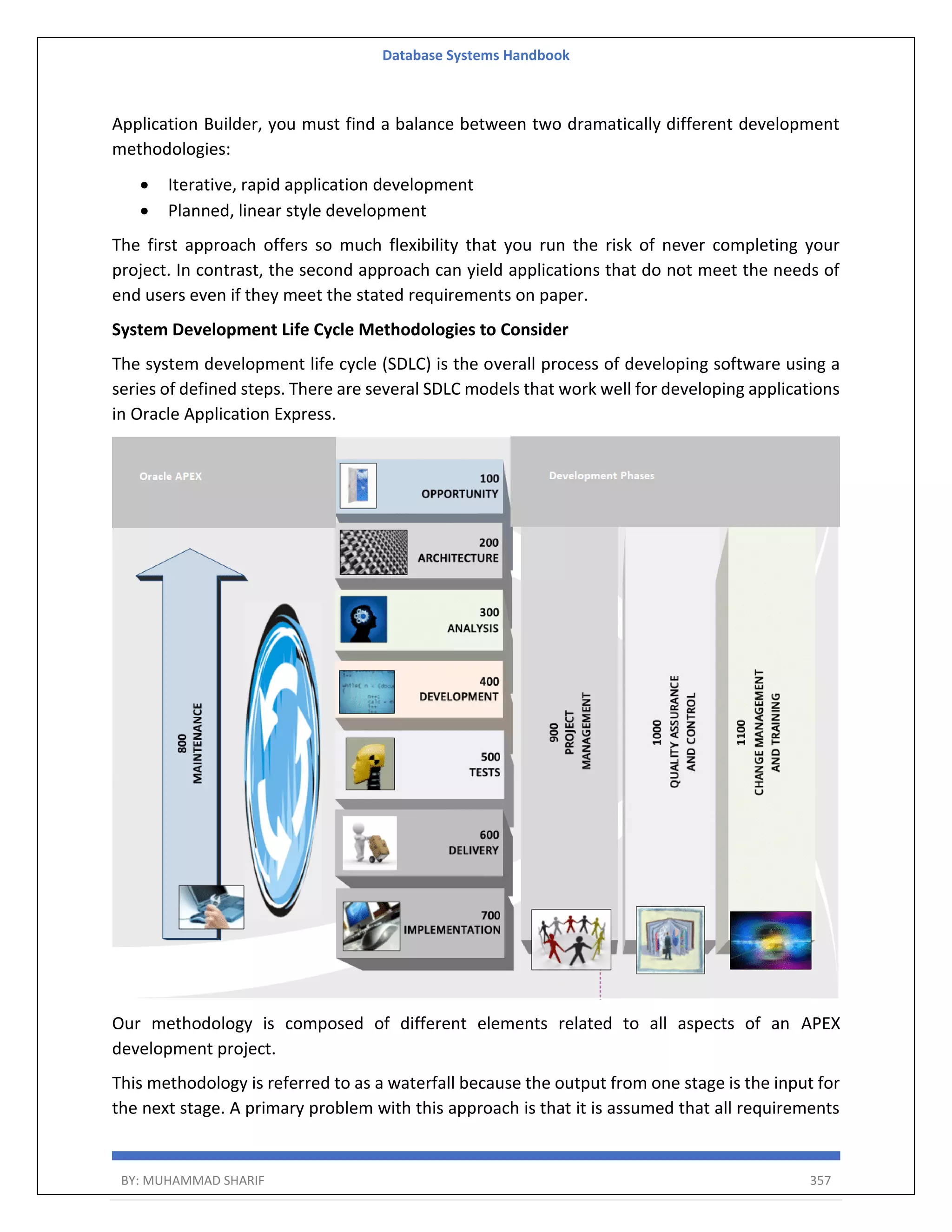 Database Systems Handbook BY: MUHAMMAD SHARIF 357 Application Builder, you must find a balance between two dramatically different development methodologies:  Iterative, rapid application development  Planned, linear style development The first approach offers so much flexibility that you run the risk of never completing your project. In contrast, the second approach can yield applications that do not meet the needs of end users even if they meet the stated requirements on paper. System Development Life Cycle Methodologies to Consider The system development life cycle (SDLC) is the overall process of developing software using a series of defined steps. There are several SDLC models that work well for developing applications in Oracle Application Express. Our methodology is composed of different elements related to all aspects of an APEX development project. This methodology is referred to as a waterfall because the output from one stage is the input for the next stage. A primary problem with this approach is that it is assumed that all requirements 