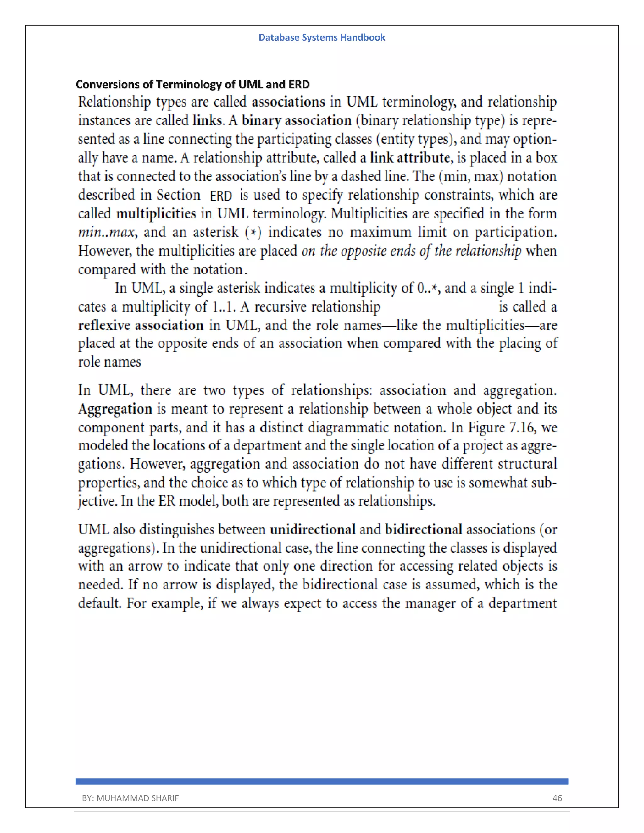 Database Systems Handbook BY: MUHAMMAD SHARIF 46 Conversions of Terminology of UML and ERD 