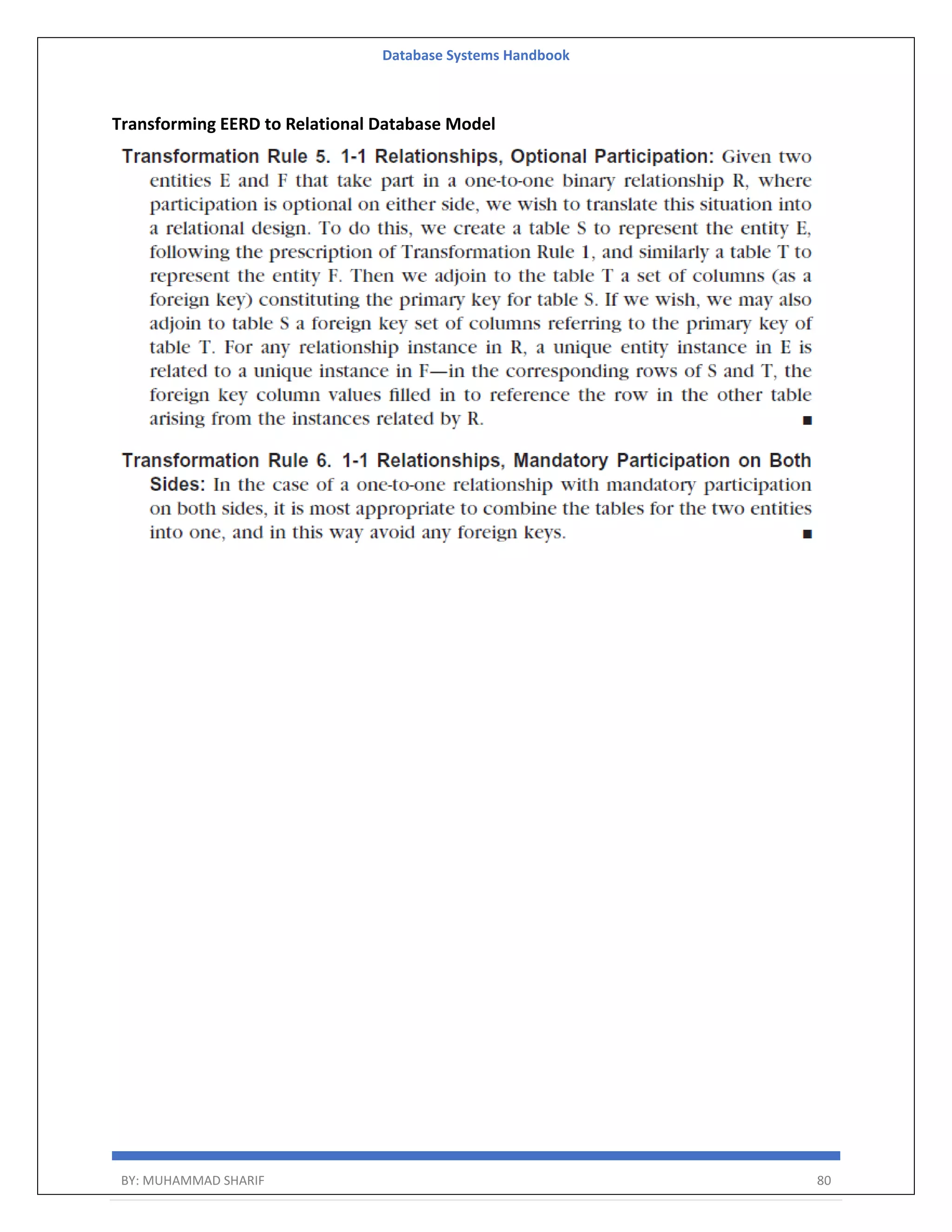 Database Systems Handbook BY: MUHAMMAD SHARIF 80 Transforming EERD to Relational Database Model 
