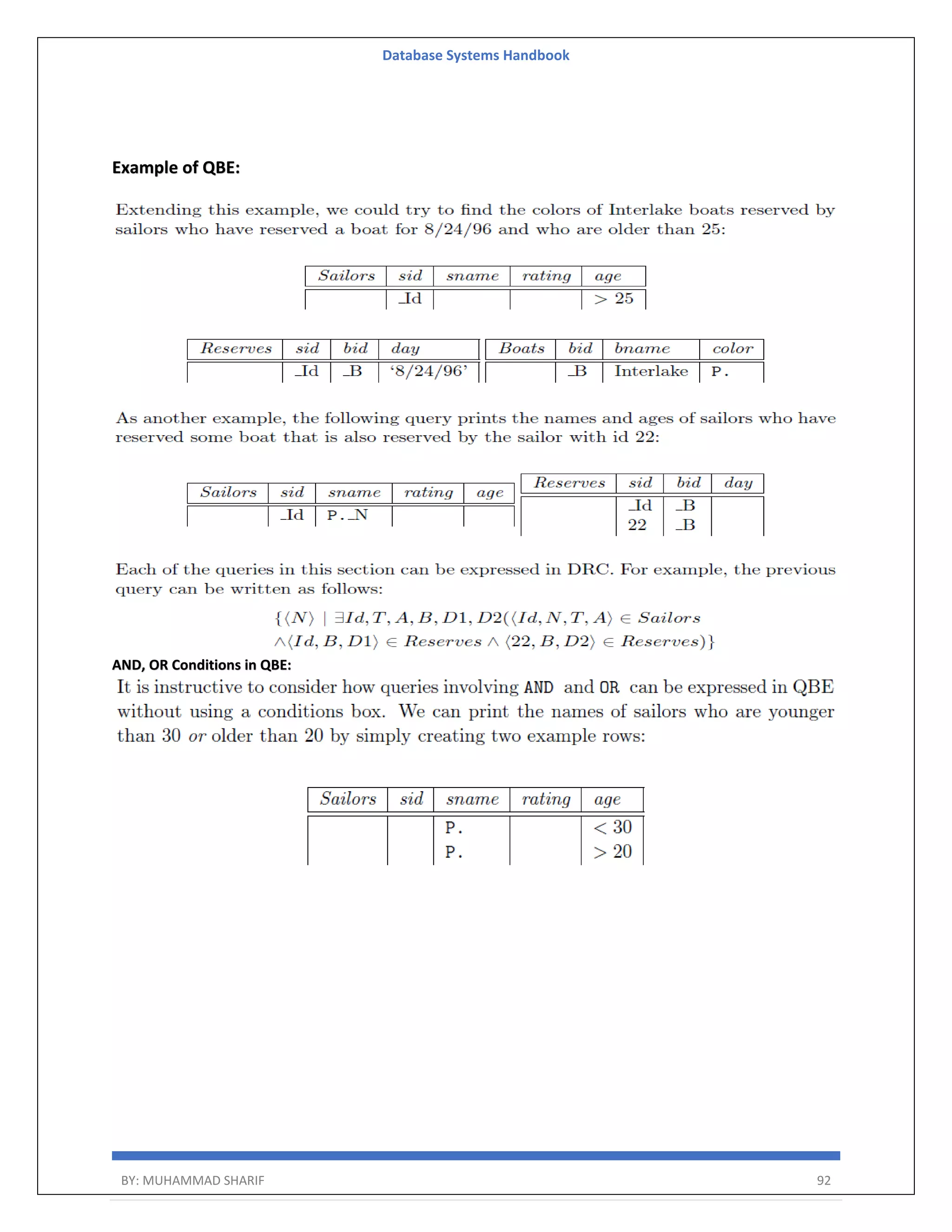 Database Systems Handbook BY: MUHAMMAD SHARIF 92 Example of QBE: AND, OR Conditions in QBE: 