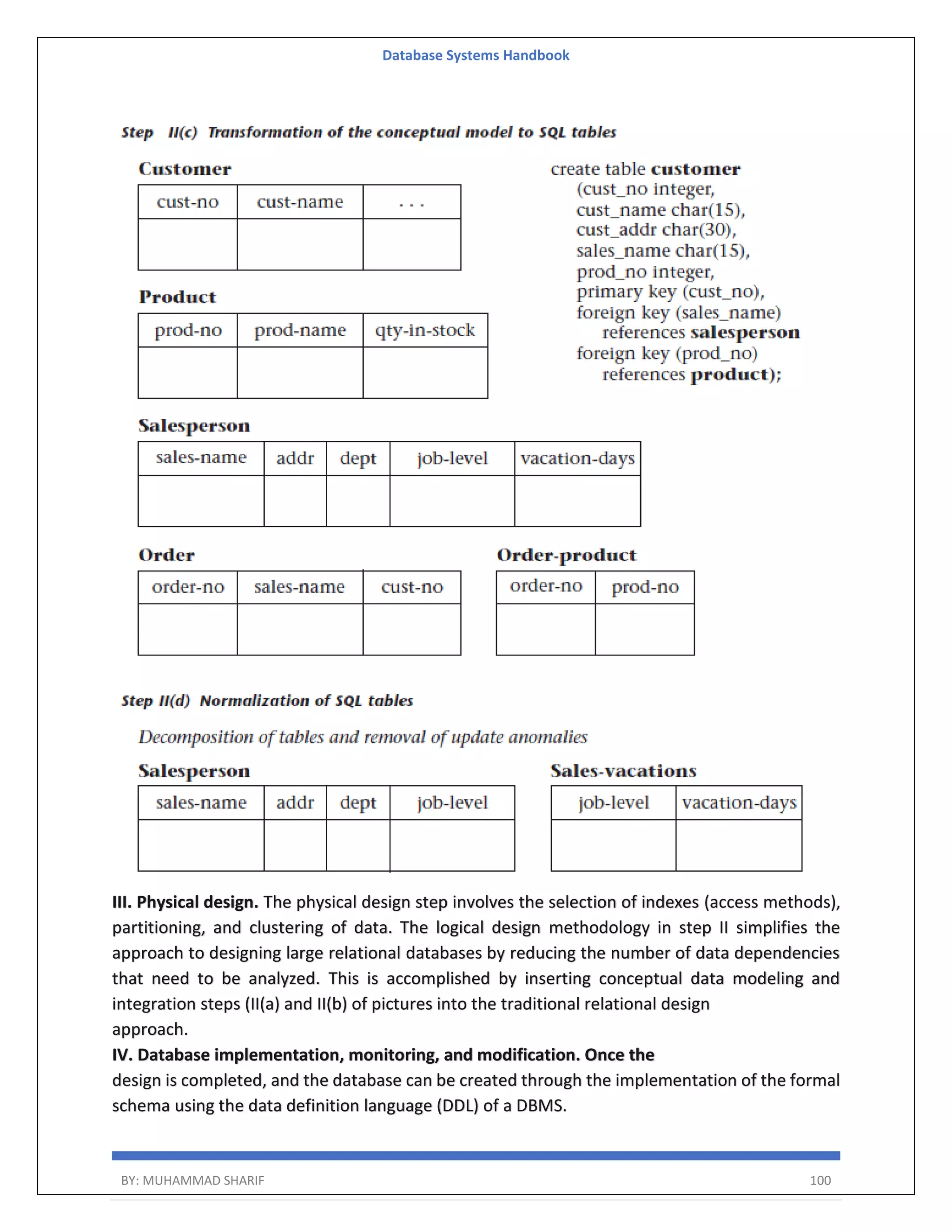 Database Systems Handbook BY: MUHAMMAD SHARIF 100 III. Physical design. The physical design step involves the selection of indexes (access methods), partitioning, and clustering of data. The logical design methodology in step II simplifies the approach to designing large relational databases by reducing the number of data dependencies that need to be analyzed. This is accomplished by inserting conceptual data modeling and integration steps (II(a) and II(b) of pictures into the traditional relational design approach. IV. Database implementation, monitoring, and modification. Once the design is completed, and the database can be created through the implementation of the formal schema using the data definition language (DDL) of a DBMS. 