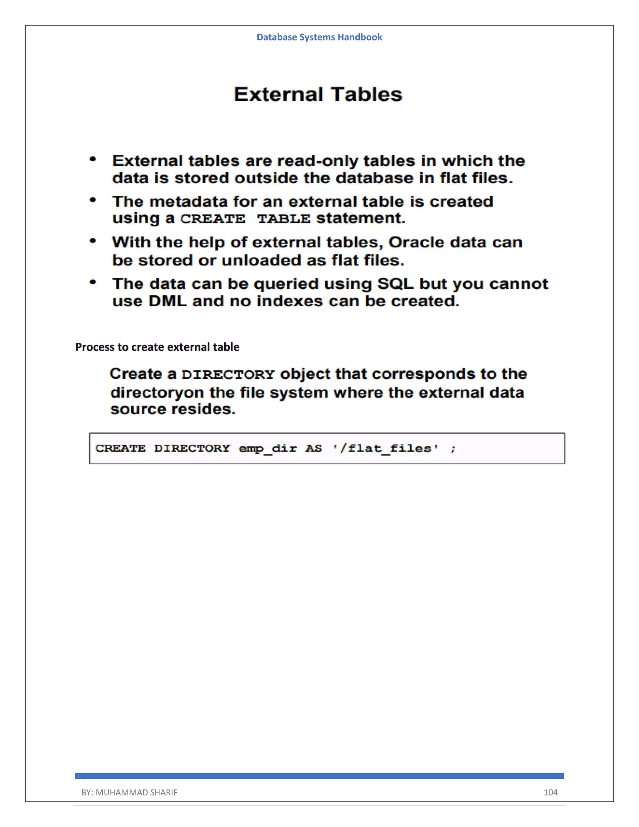 Database Systems Handbook BY: MUHAMMAD SHARIF 104 Process to create external table 
