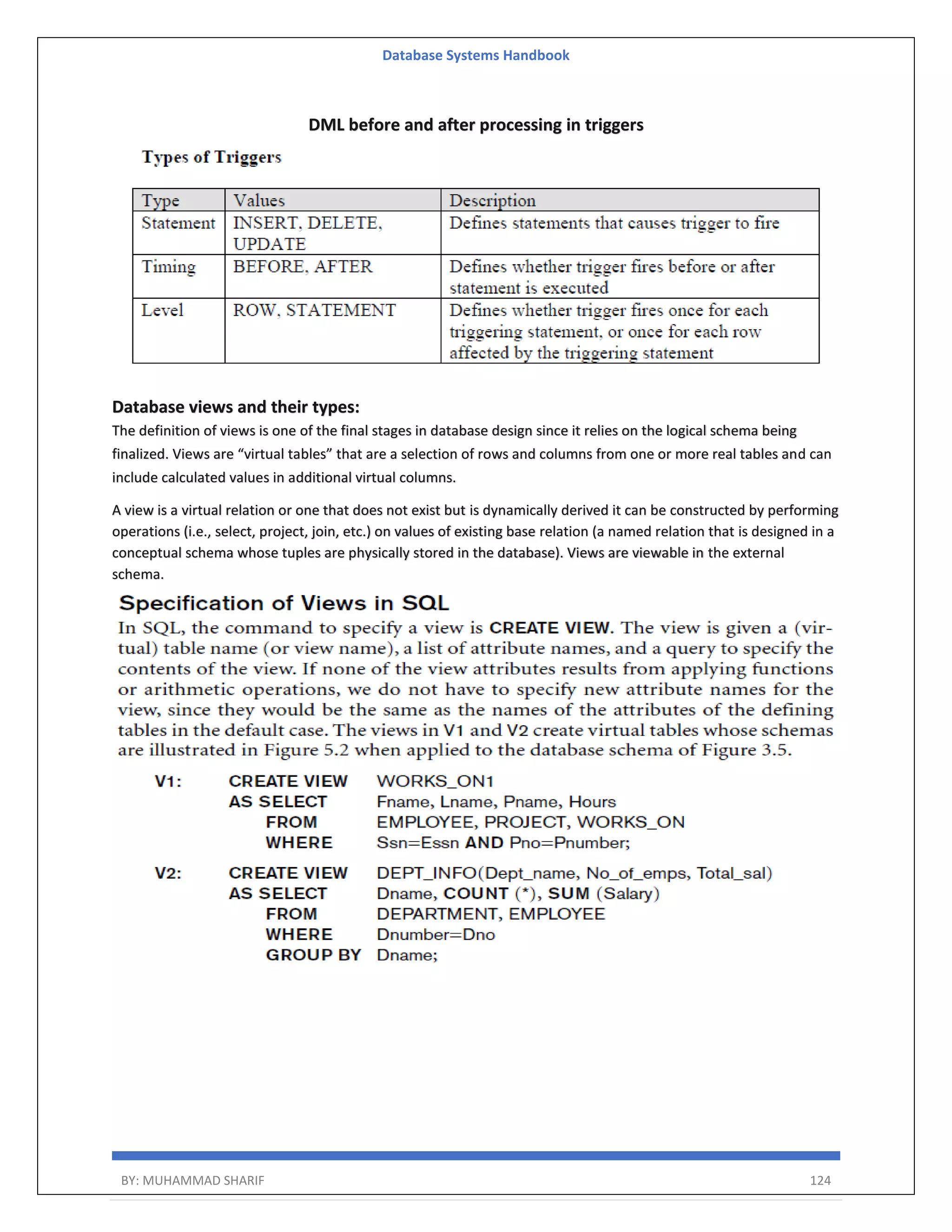 Database Systems Handbook BY: MUHAMMAD SHARIF 124 DML before and after processing in triggers Database views and their types: The definition of views is one of the final stages in database design since it relies on the logical schema being finalized. Views are “virtual tables” that are a selection of rows and columns from one or more real tables and can include calculated values in additional virtual columns. A view is a virtual relation or one that does not exist but is dynamically derived it can be constructed by performing operations (i.e., select, project, join, etc.) on values of existing base relation (a named relation that is designed in a conceptual schema whose tuples are physically stored in the database). Views are viewable in the external schema. 