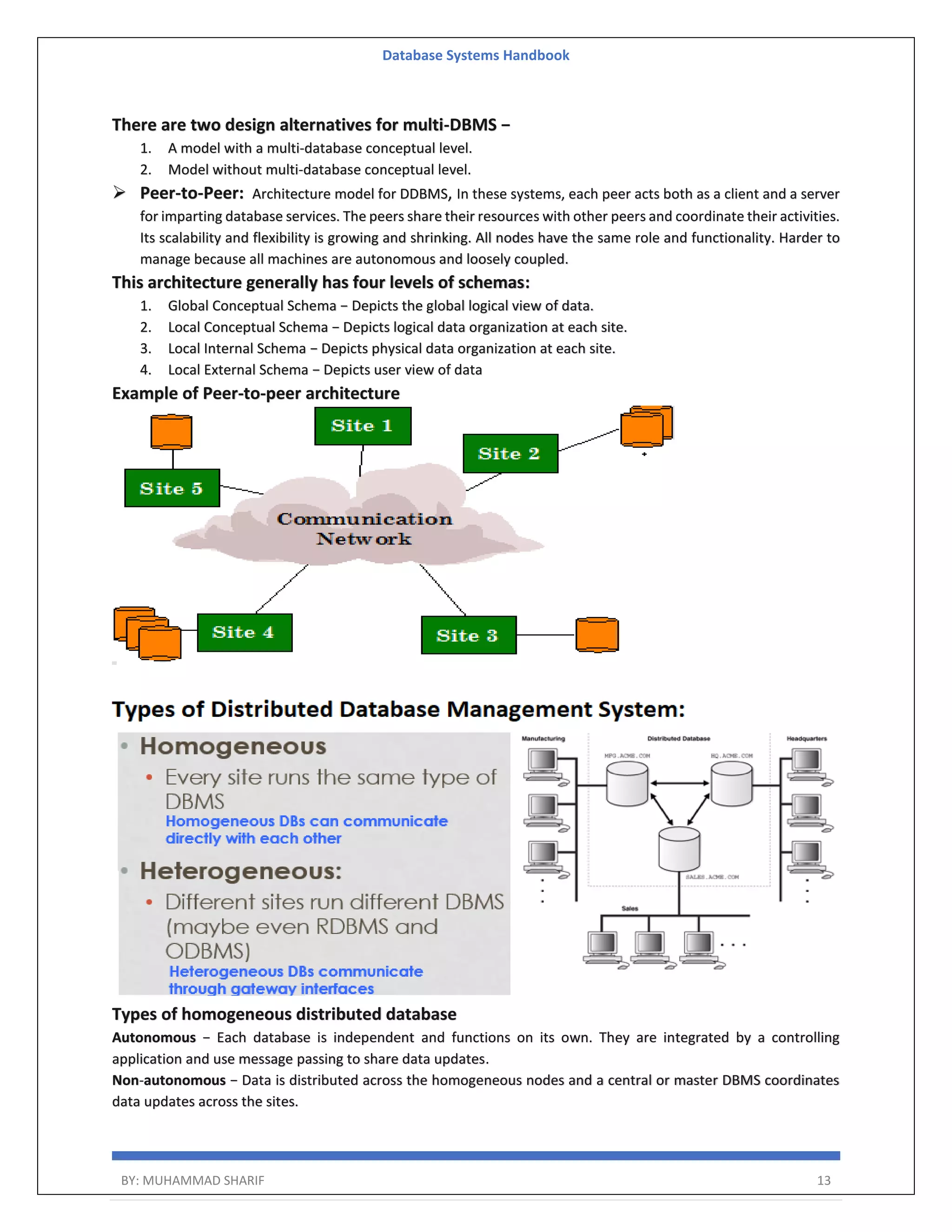 Database Systems Handbook BY: MUHAMMAD SHARIF 13 There are two design alternatives for multi-DBMS − 1. A model with a multi-database conceptual level. 2. Model without multi-database conceptual level.  Peer-to-Peer: Architecture model for DDBMS, In these systems, each peer acts both as a client and a server for imparting database services. The peers share their resources with other peers and coordinate their activities. Its scalability and flexibility is growing and shrinking. All nodes have the same role and functionality. Harder to manage because all machines are autonomous and loosely coupled. This architecture generally has four levels of schemas: 1. Global Conceptual Schema − Depicts the global logical view of data. 2. Local Conceptual Schema − Depicts logical data organization at each site. 3. Local Internal Schema − Depicts physical data organization at each site. 4. Local External Schema − Depicts user view of data Example of Peer-to-peer architecture Types of homogeneous distributed database Autonomous − Each database is independent and functions on its own. They are integrated by a controlling application and use message passing to share data updates. Non-autonomous − Data is distributed across the homogeneous nodes and a central or master DBMS coordinates data updates across the sites. 