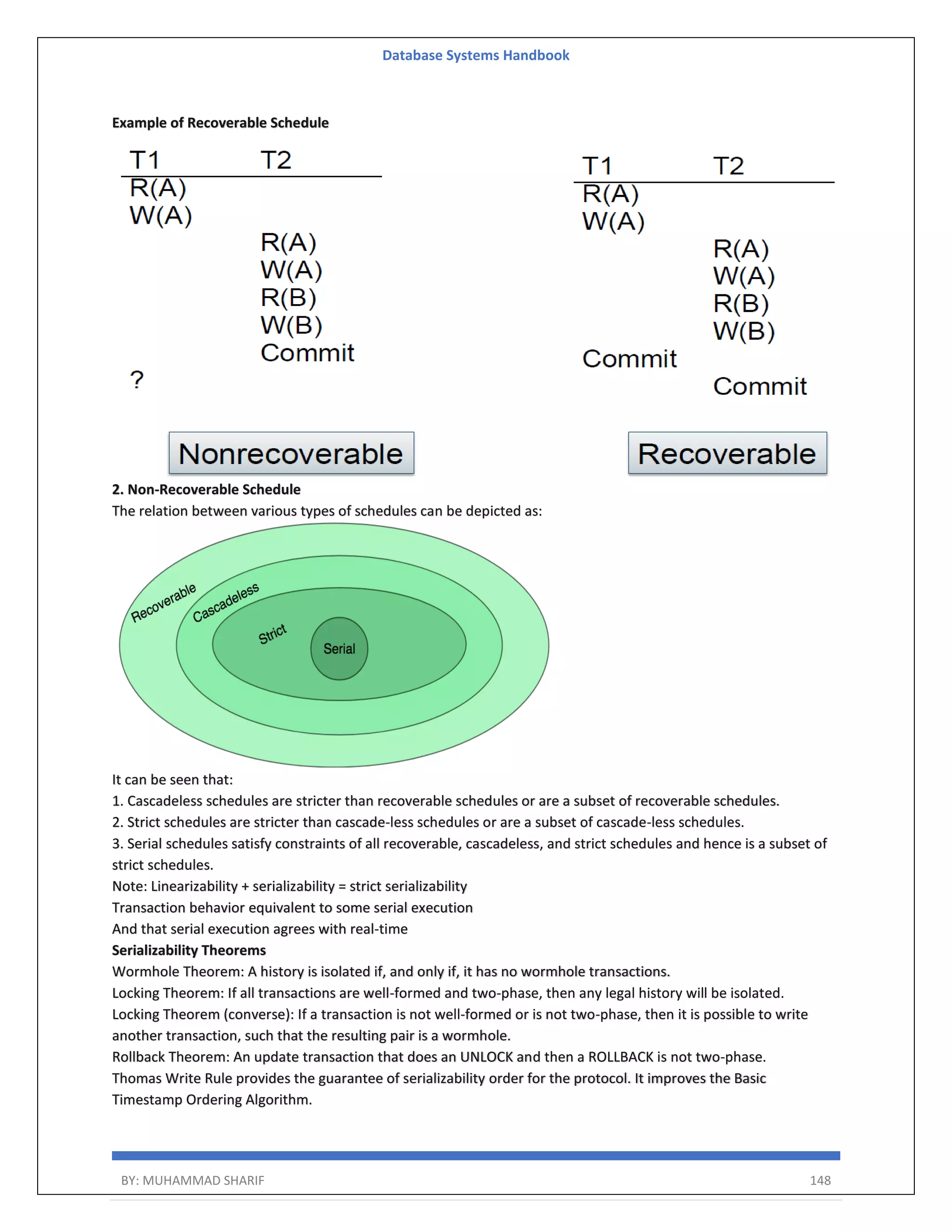 Database Systems Handbook BY: MUHAMMAD SHARIF 148 Example of Recoverable Schedule 2. Non-Recoverable Schedule The relation between various types of schedules can be depicted as: It can be seen that: 1. Cascadeless schedules are stricter than recoverable schedules or are a subset of recoverable schedules. 2. Strict schedules are stricter than cascade-less schedules or are a subset of cascade-less schedules. 3. Serial schedules satisfy constraints of all recoverable, cascadeless, and strict schedules and hence is a subset of strict schedules. Note: Linearizability + serializability = strict serializability Transaction behavior equivalent to some serial execution And that serial execution agrees with real-time Serializability Theorems Wormhole Theorem: A history is isolated if, and only if, it has no wormhole transactions. Locking Theorem: If all transactions are well-formed and two-phase, then any legal history will be isolated. Locking Theorem (converse): If a transaction is not well-formed or is not two-phase, then it is possible to write another transaction, such that the resulting pair is a wormhole. Rollback Theorem: An update transaction that does an UNLOCK and then a ROLLBACK is not two-phase. Thomas Write Rule provides the guarantee of serializability order for the protocol. It improves the Basic Timestamp Ordering Algorithm. 
