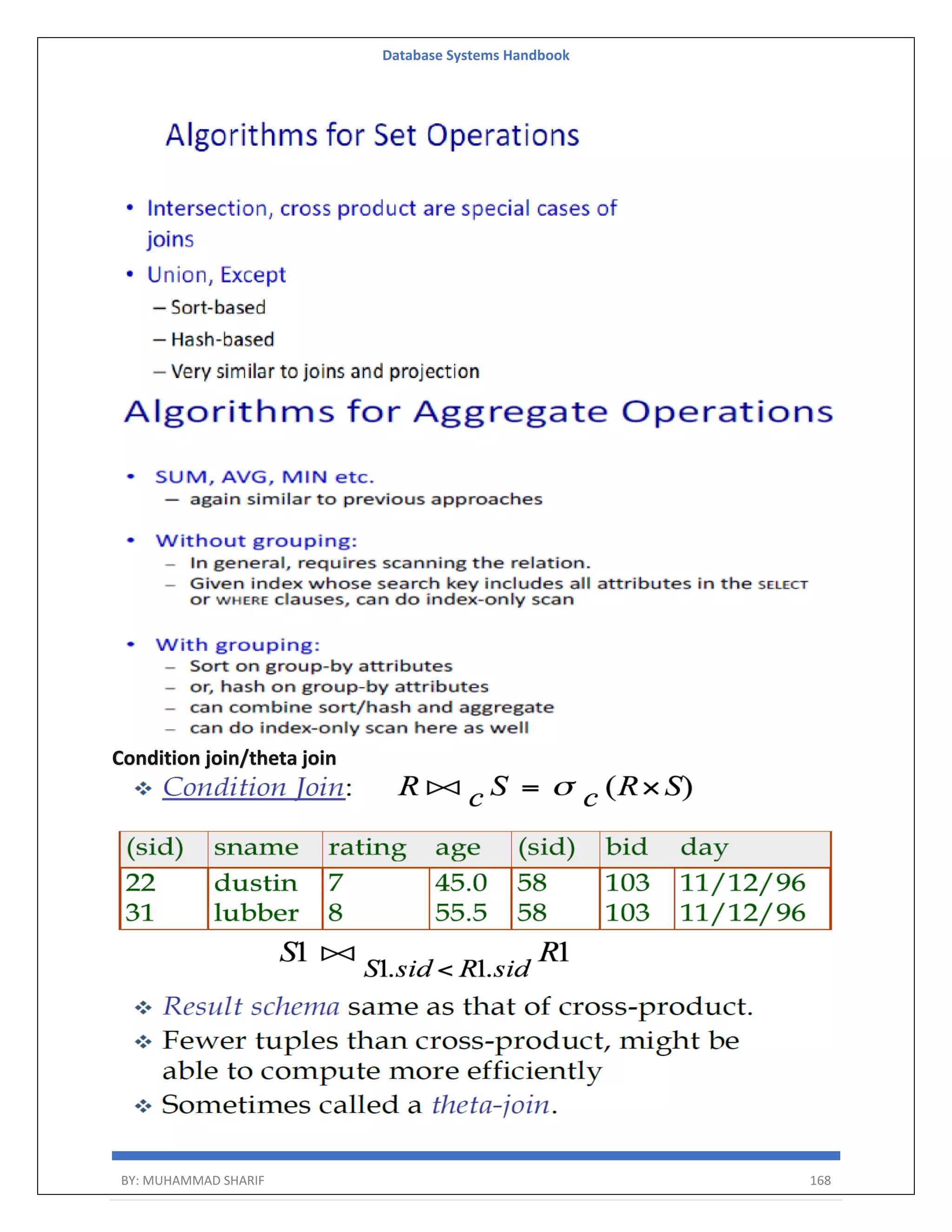 Database Systems Handbook BY: MUHAMMAD SHARIF 168 Condition join/theta join 