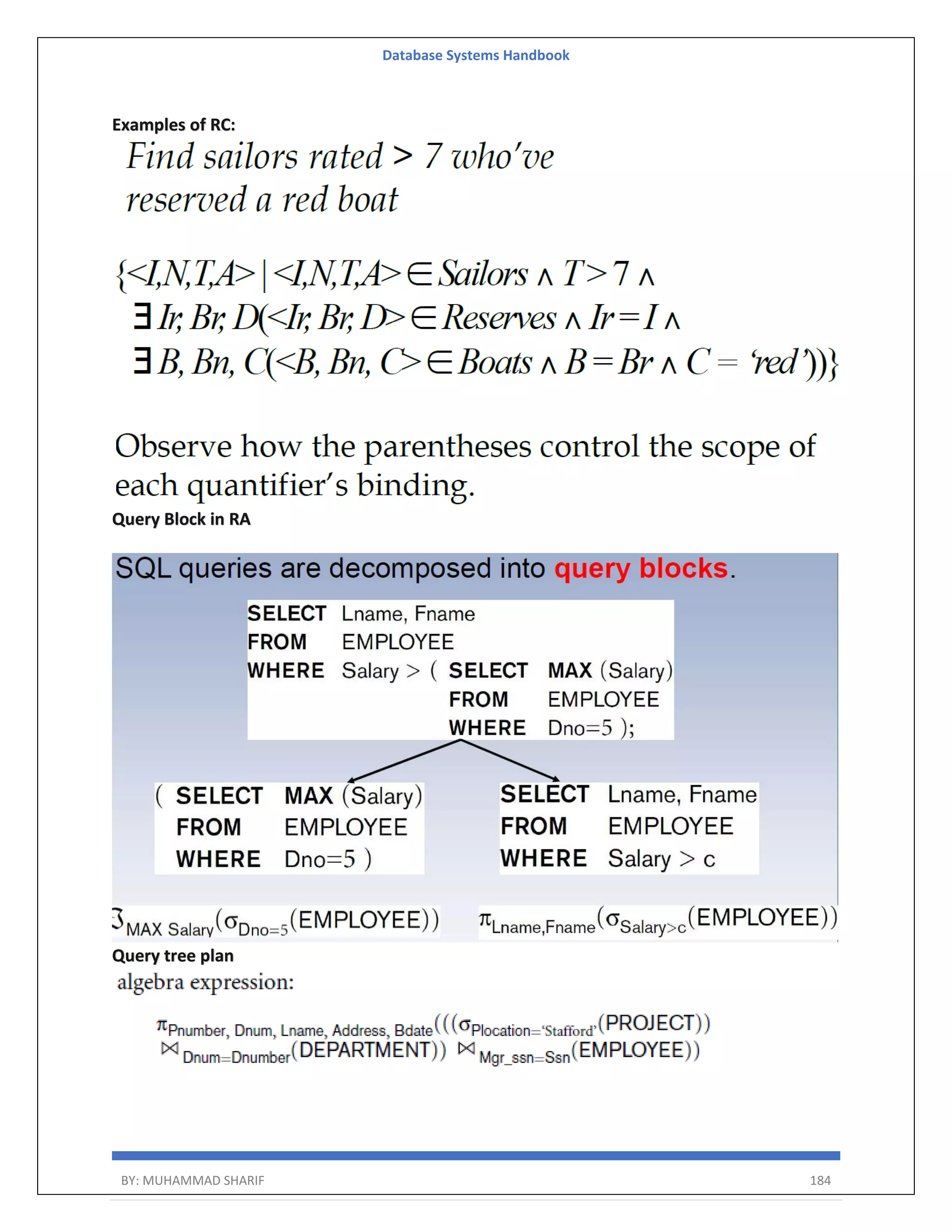 Database Systems Handbook BY: MUHAMMAD SHARIF 184 Examples of RC: Query Block in RA Query tree plan 