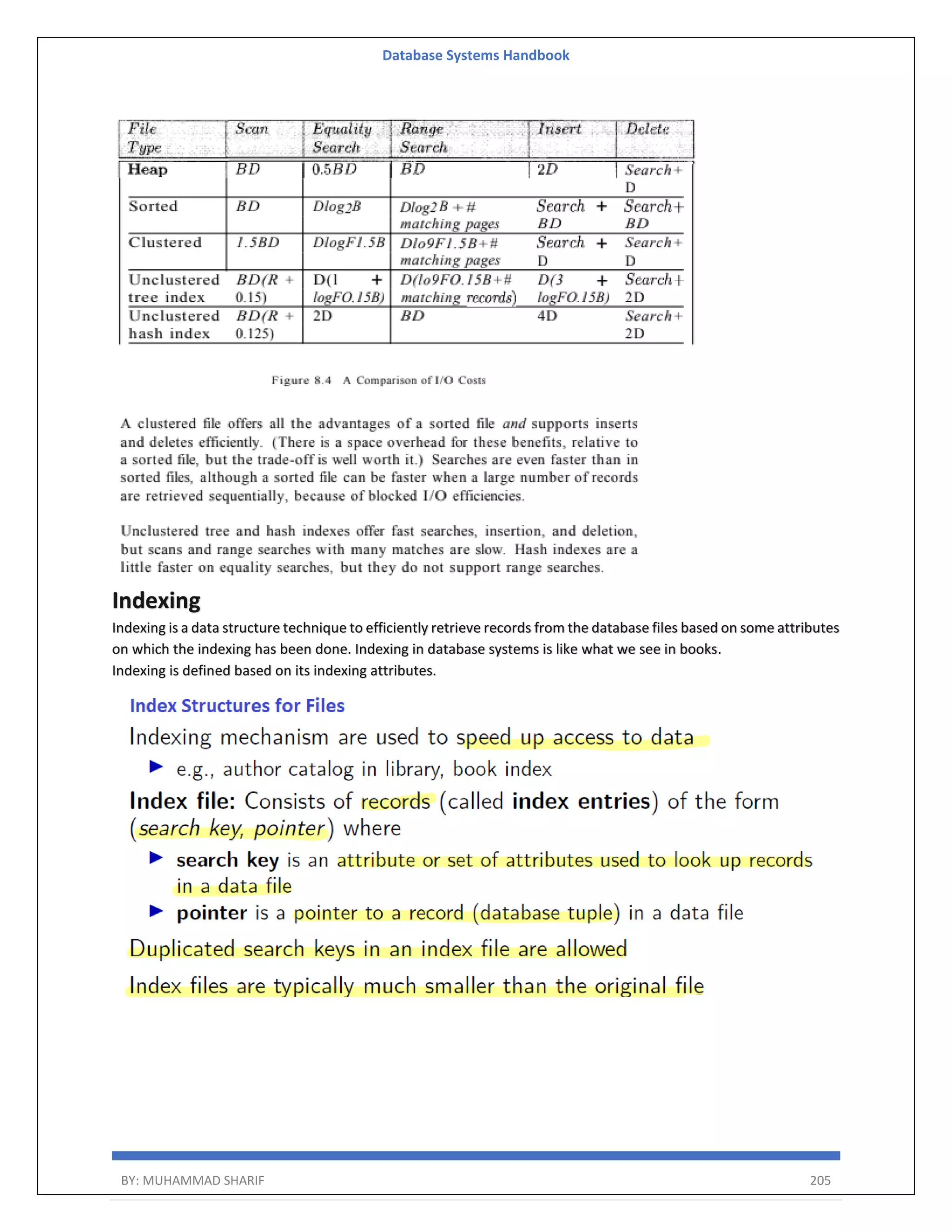 Database Systems Handbook BY: MUHAMMAD SHARIF 205 Indexing Indexing is a data structure technique to efficiently retrieve records from the database files based on some attributes on which the indexing has been done. Indexing in database systems is like what we see in books. Indexing is defined based on its indexing attributes. 