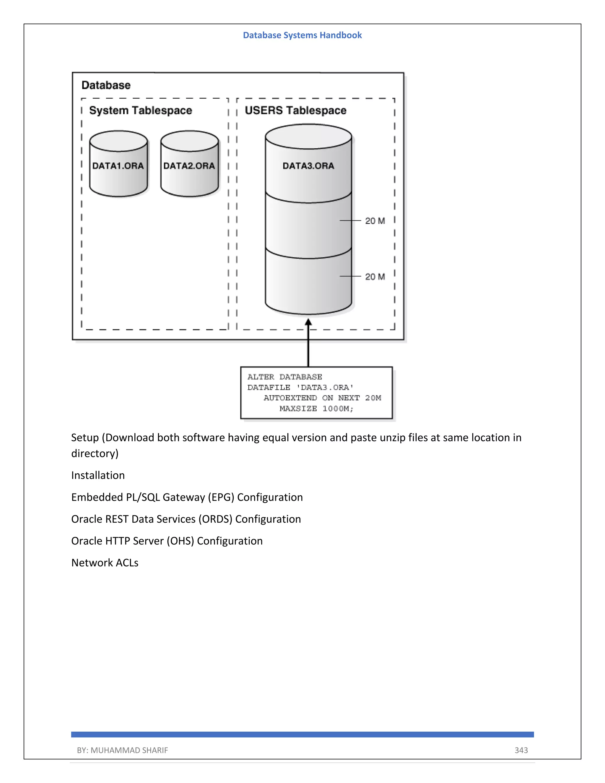 Database Systems Handbook BY: MUHAMMAD SHARIF 343 Setup (Download both software having equal version and paste unzip files at same location in directory) Installation Embedded PL/SQL Gateway (EPG) Configuration Oracle REST Data Services (ORDS) Configuration Oracle HTTP Server (OHS) Configuration Network ACLs 