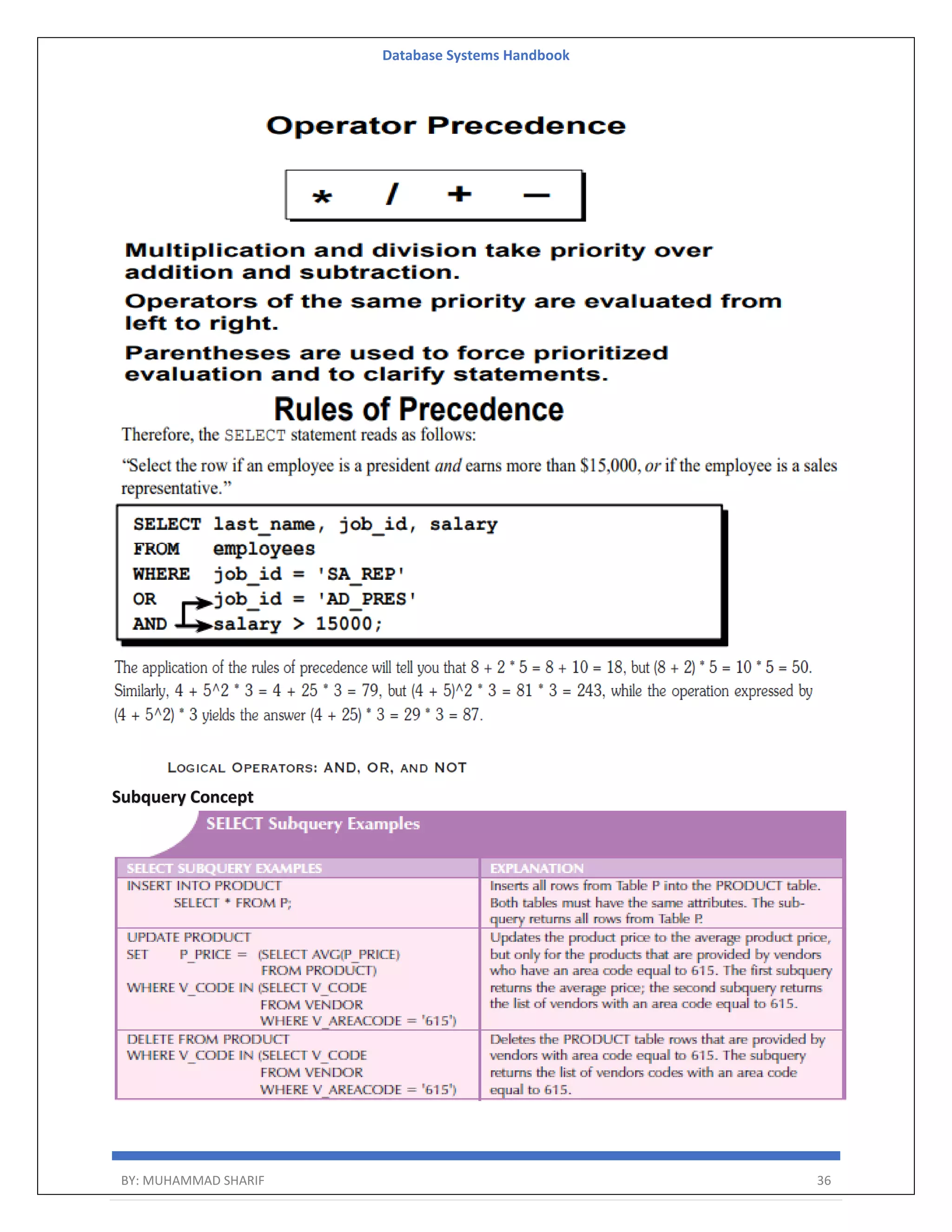 Database Systems Handbook BY: MUHAMMAD SHARIF 36 Subquery Concept 