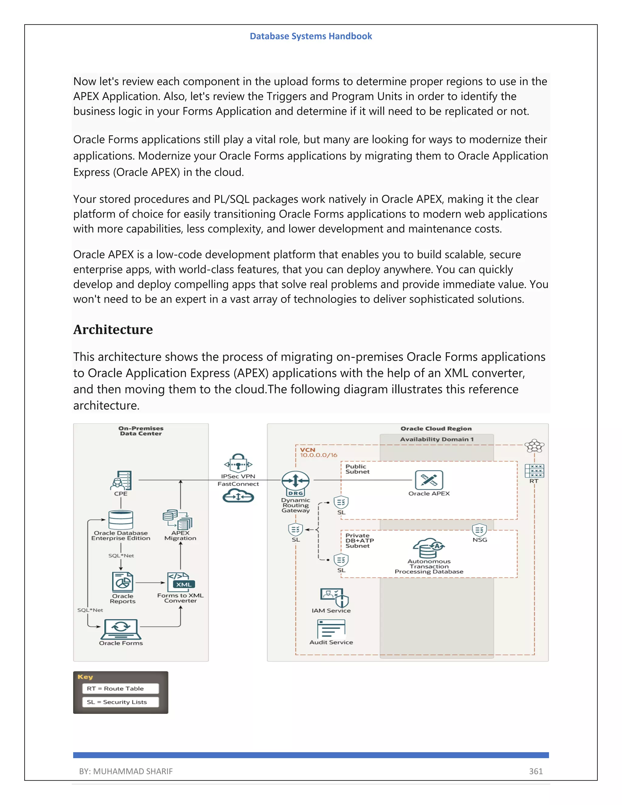 Database Systems Handbook BY: MUHAMMAD SHARIF 361 Now let's review each component in the upload forms to determine proper regions to use in the APEX Application. Also, let's review the Triggers and Program Units in order to identify the business logic in your Forms Application and determine if it will need to be replicated or not. Oracle Forms applications still play a vital role, but many are looking for ways to modernize their applications. Modernize your Oracle Forms applications by migrating them to Oracle Application Express (Oracle APEX) in the cloud. Your stored procedures and PL/SQL packages work natively in Oracle APEX, making it the clear platform of choice for easily transitioning Oracle Forms applications to modern web applications with more capabilities, less complexity, and lower development and maintenance costs. Oracle APEX is a low-code development platform that enables you to build scalable, secure enterprise apps, with world-class features, that you can deploy anywhere. You can quickly develop and deploy compelling apps that solve real problems and provide immediate value. You won't need to be an expert in a vast array of technologies to deliver sophisticated solutions. Architecture This architecture shows the process of migrating on-premises Oracle Forms applications to Oracle Application Express (APEX) applications with the help of an XML converter, and then moving them to the cloud.The following diagram illustrates this reference architecture. 