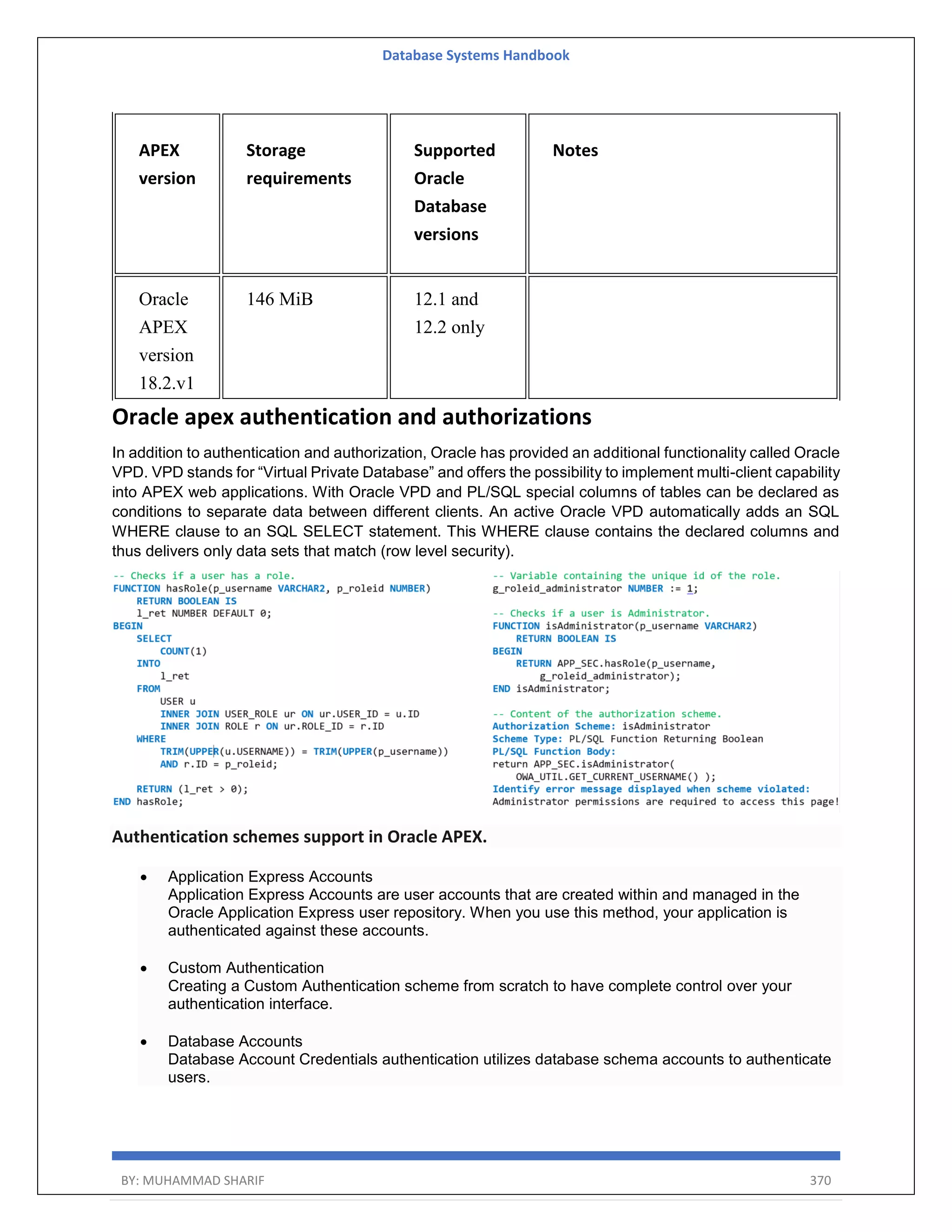 Database Systems Handbook BY: MUHAMMAD SHARIF 370 APEX version Storage requirements Supported Oracle Database versions Notes Oracle APEX version 18.2.v1 146 MiB 12.1 and 12.2 only Oracle apex authentication and authorizations In addition to authentication and authorization, Oracle has provided an additional functionality called Oracle VPD. VPD stands for “Virtual Private Database” and offers the possibility to implement multi-client capability into APEX web applications. With Oracle VPD and PL/SQL special columns of tables can be declared as conditions to separate data between different clients. An active Oracle VPD automatically adds an SQL WHERE clause to an SQL SELECT statement. This WHERE clause contains the declared columns and thus delivers only data sets that match (row level security). Authentication schemes support in Oracle APEX.  Application Express Accounts Application Express Accounts are user accounts that are created within and managed in the Oracle Application Express user repository. When you use this method, your application is authenticated against these accounts.  Custom Authentication Creating a Custom Authentication scheme from scratch to have complete control over your authentication interface.  Database Accounts Database Account Credentials authentication utilizes database schema accounts to authenticate users. 