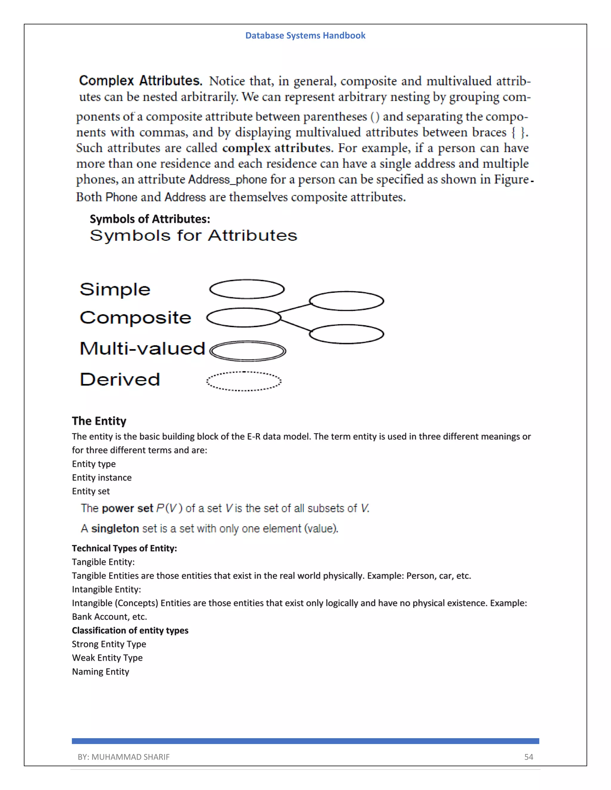 Database Systems Handbook BY: MUHAMMAD SHARIF 54 Symbols of Attributes: The Entity The entity is the basic building block of the E-R data model. The term entity is used in three different meanings or for three different terms and are: Entity type Entity instance Entity set Technical Types of Entity: Tangible Entity: Tangible Entities are those entities that exist in the real world physically. Example: Person, car, etc. Intangible Entity: Intangible (Concepts) Entities are those entities that exist only logically and have no physical existence. Example: Bank Account, etc. Classification of entity types Strong Entity Type Weak Entity Type Naming Entity 
